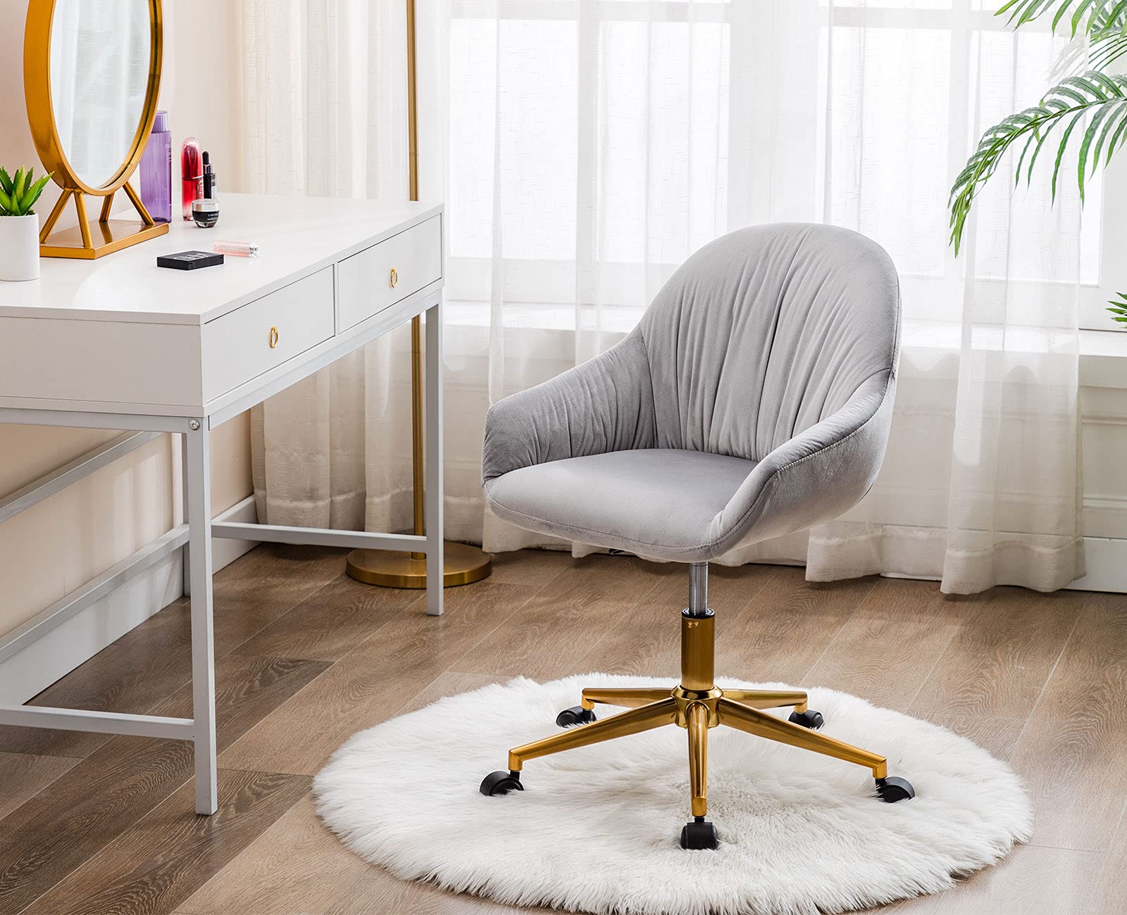 Modern Velvet Vanity Chair with Gold Base - Adjustable Swivel Upholstered Desk Chair for Home Office, Makeup Room & Bedroom | Soft Grey Velvet Computer Chair for Women's Dressing Table & Reception Area