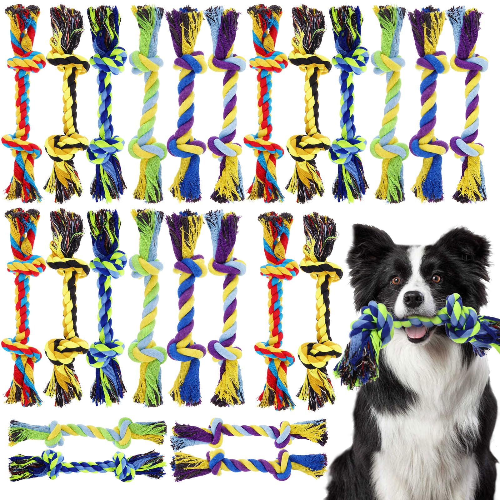 24 Pack Large Dog Rope Toys 10 Inch Natural Cotton Chew Toys for Aggressive Chewers, Medium Dogs, 2 Knot Design, Durable Teething Rope for Indoor and Outdoor Play