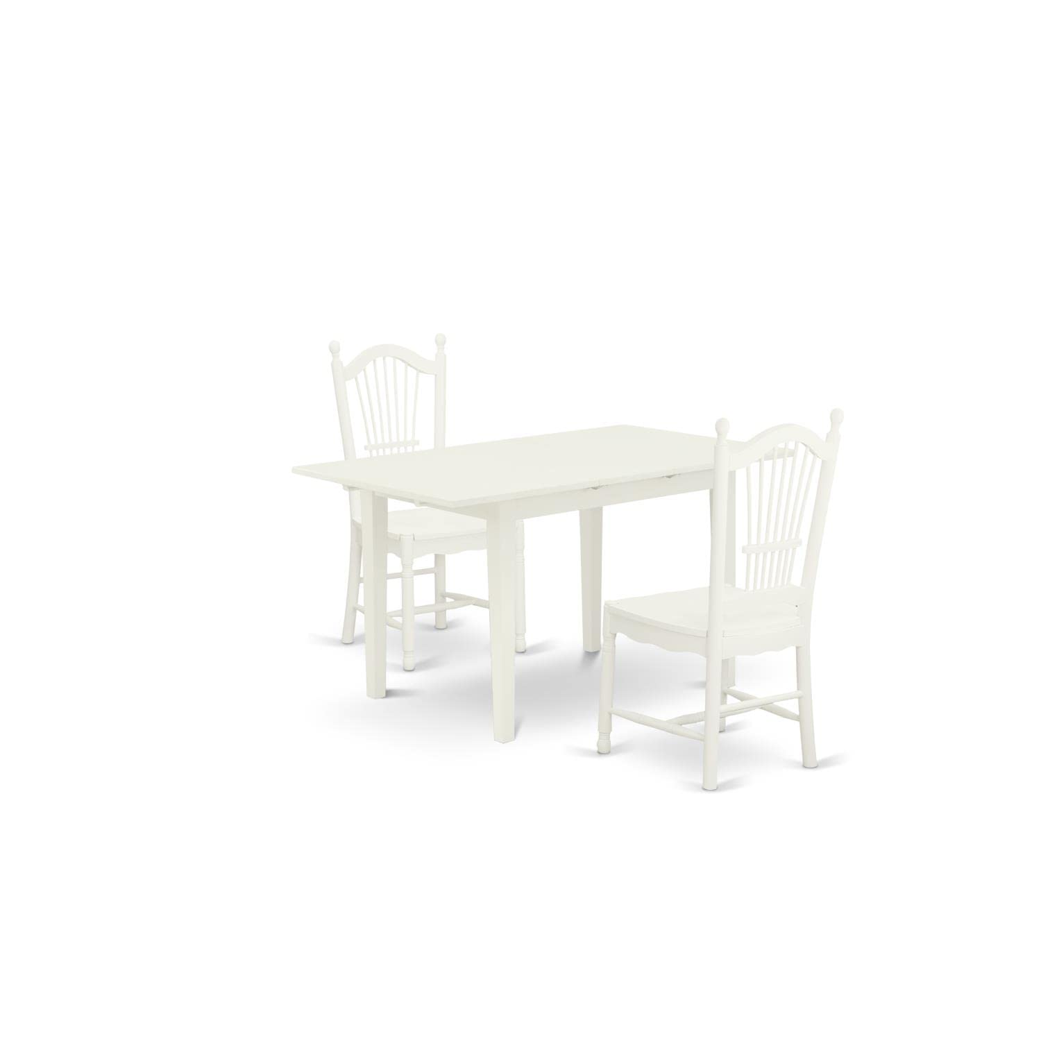 East West Furniture NODO3-LWH-W 3 Piece Dining Set - 32x54 Inch Rectangle Table with Butterfly Leaf & 2 Kitchen Chairs in Linen White | Perfect for Small Spaces, Breakfast Nooks & Cozy Apartments