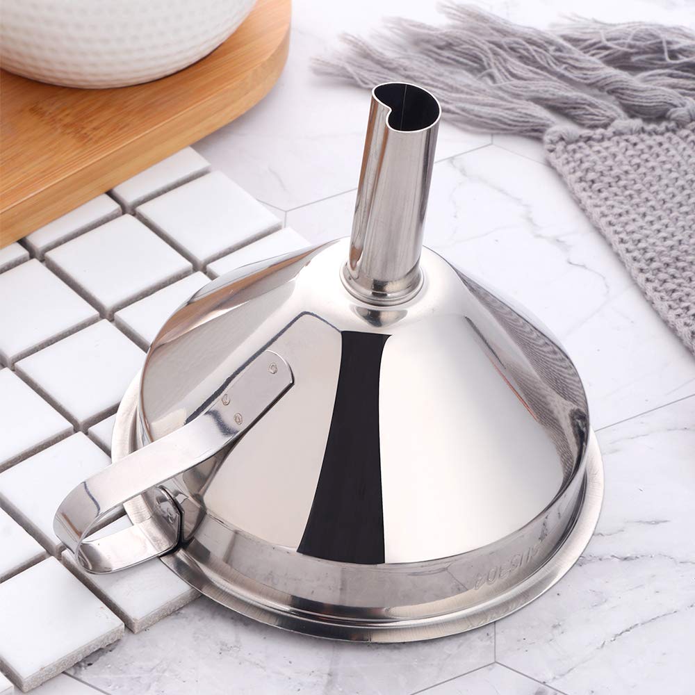 QIBORUN 5-Inch Stainless Steel Kitchen Funnel with Removable Strainer - Cooking Oil Filter Funnel for Transferring Liquids, Dry Ingredients & Powder - Perfect for Baking, Canning, Auto Oil Change & Home Brewing