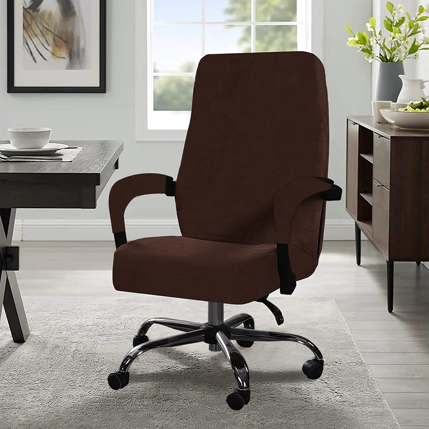Stretchable Velvet Office Chair Cover - Removable & Washable Universal Elastic Slipcover for Computer, High Back & Rotating Chairs - Modern Simplism Design (Dark Brown, Large) - Perfect for Home Office, Gaming & Workspace Decor