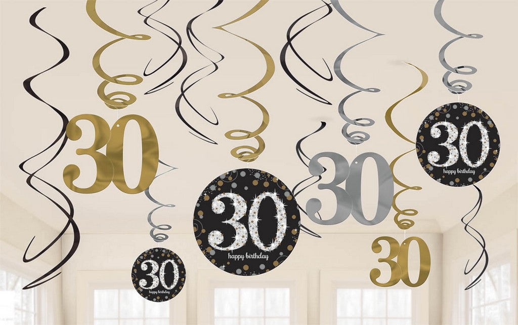 30th Birthday Sparkling Hanging Swirl Decorations - Pack of 12 for Anniversary Party, Wedding, Graduation & Special Event Decor