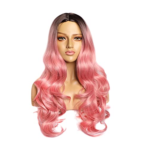 26 Inch Pink Long Wavy Synthetic Wig for Women - Heat Resistant Fiber Middle Part Cosplay Wig - Perfect for Halloween, Costume Parties & Daily Fashion Styling