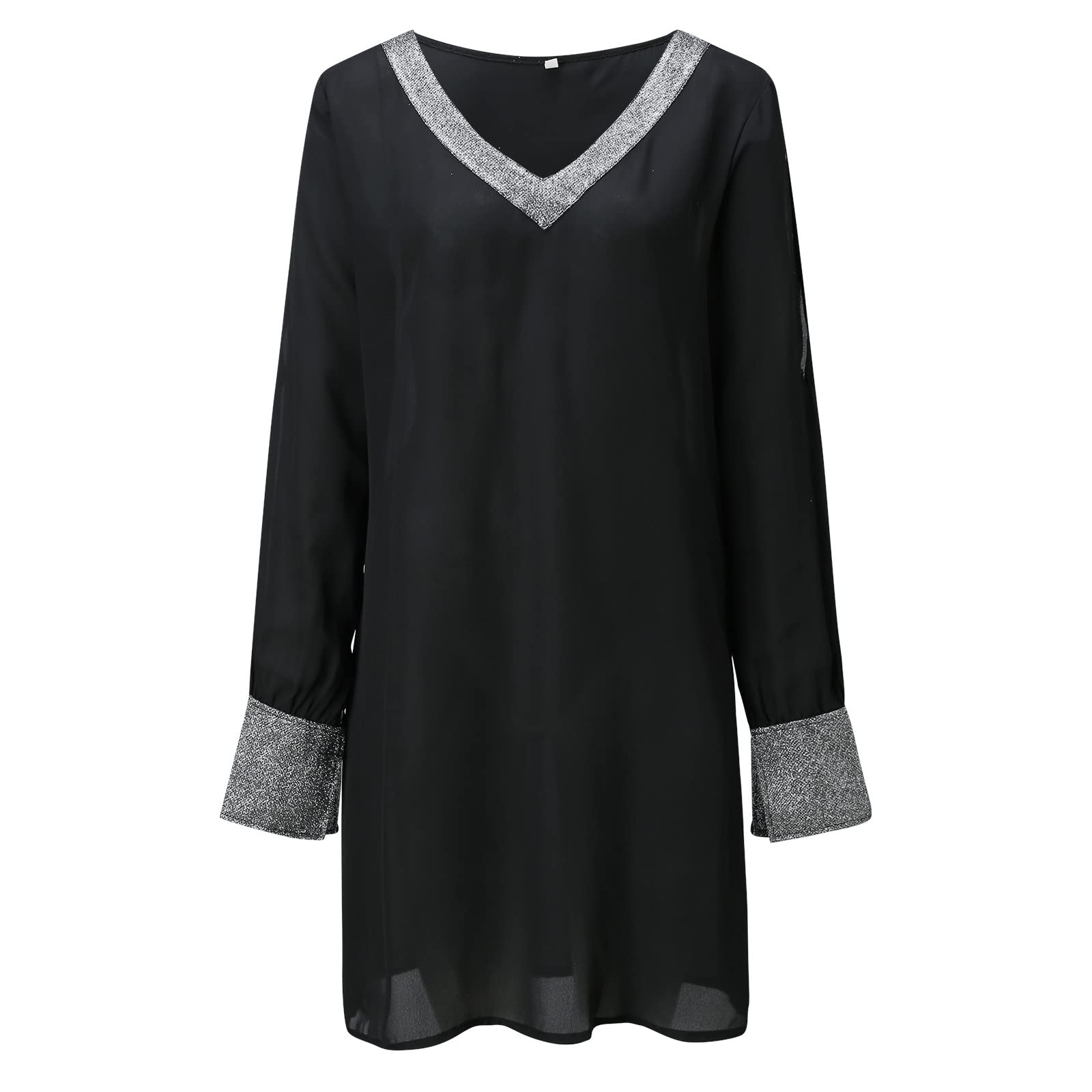 Women's Shiny Mesh Stitching Black V-Neck Mini Dress - Long Sleeve Slim Fit Bodycon Dress for Petite Women | Perfect for Night Out, Party & Special Occasions
