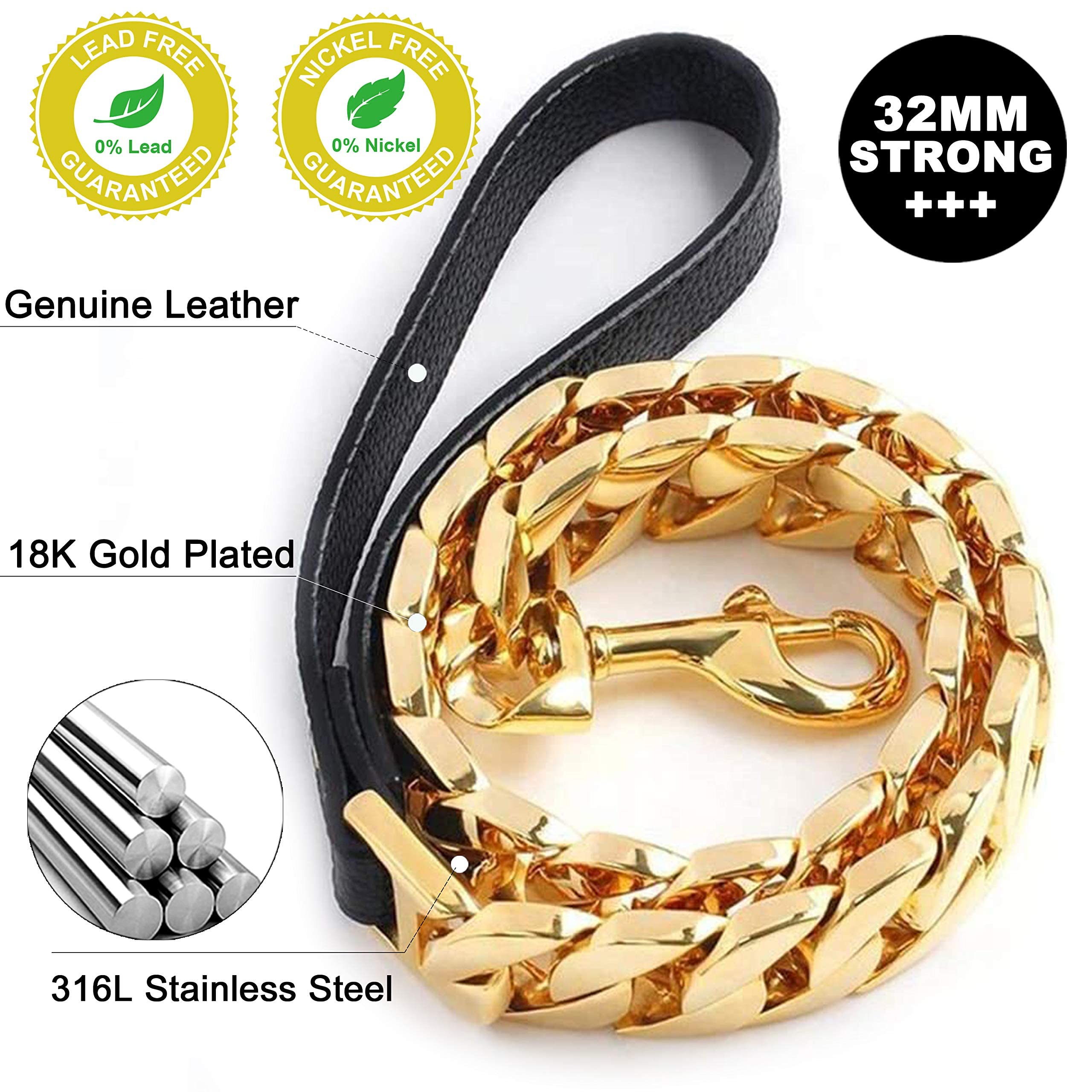 **Heavy Duty Chew Proof Dog Leash for Large Dogs – 32MM Thick Stainless Steel Chain with Leather Padded Handle (Gold, 3FT) – Ideal for Training, Walking & Aggressive Chewers**