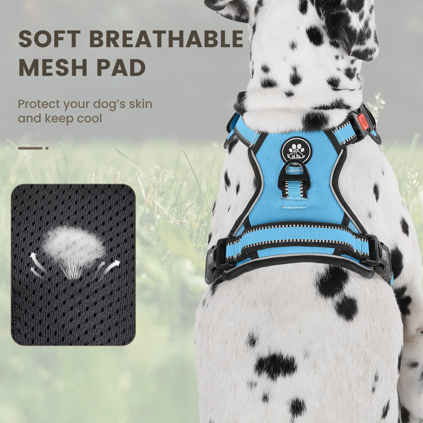 FURRYFECTION No Pull Dog Harness with Reflective Oxford & Padded Handle - Adjustable Pet Vest for Small Medium Large Dogs - 4 Straps & 2 Leash Clips - Blue Size M - Perfect for Walking, Hiking & Nighttime Safety