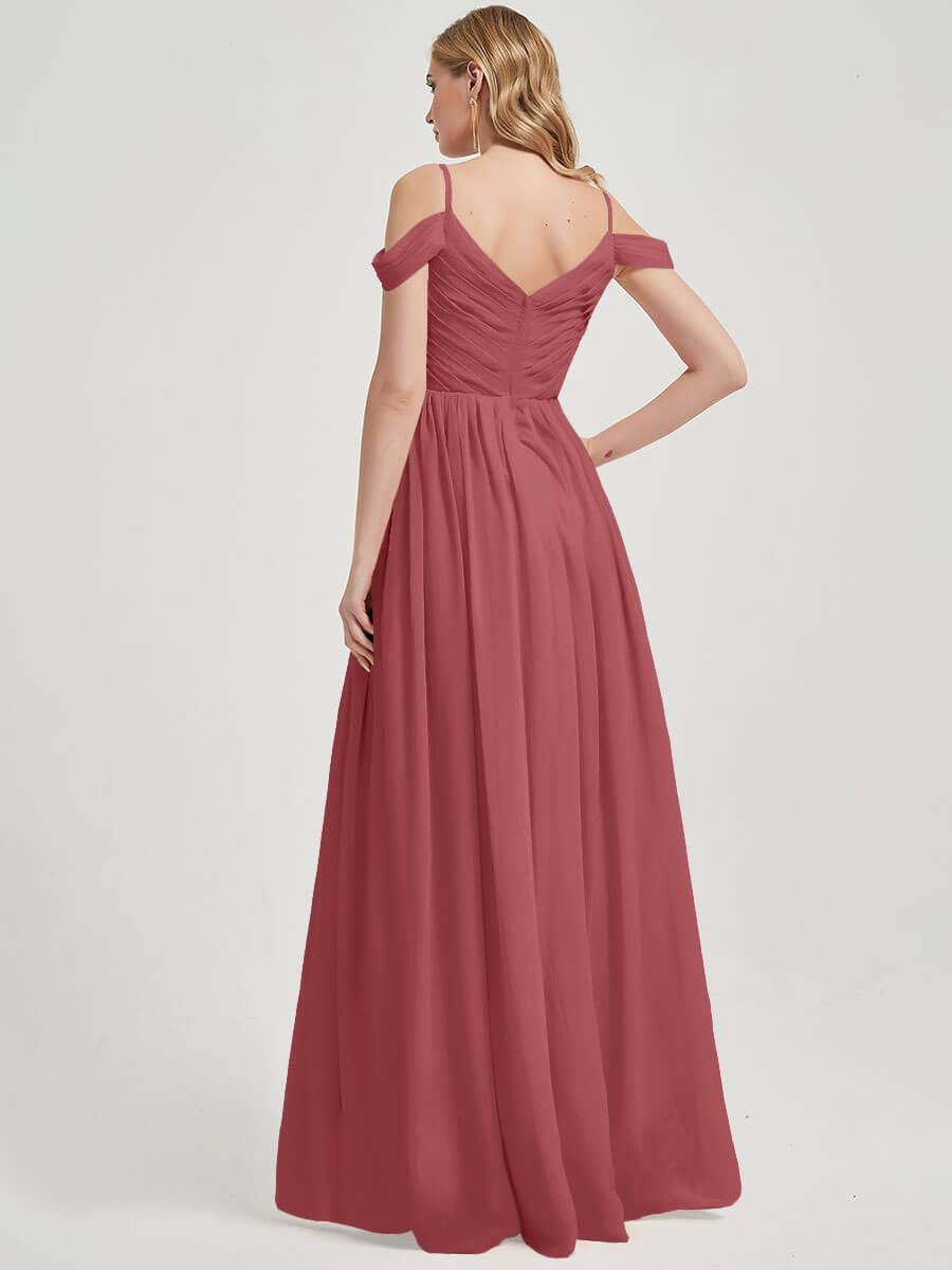 Elegant Cold Shoulder Straps Pleated Chiffon Bridesmaid Dress - Desert Rose Color for Wedding, Formal Events & Special Occasions