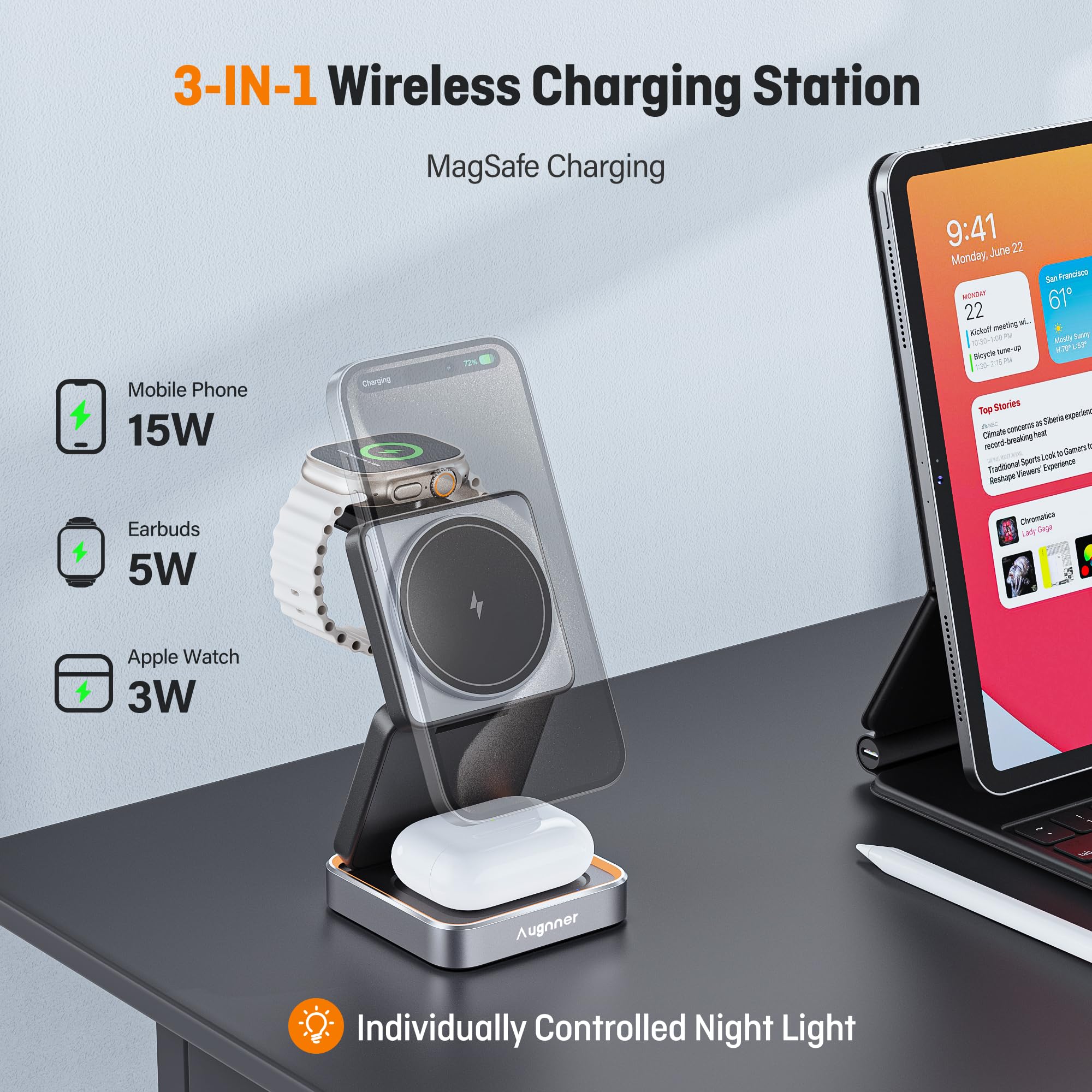 2025 Upgraded 3-in-1 Foldable Wireless Charging Station with Night Light - 20W Fast Charger for iPhone 15/14/13/12 (MagSafe Compatible), Apple Watch & AirPods - Portable Travel Charger Stand & Nightstand Organizer - Perfect for Bedroom, Office and On-the-Go Charging