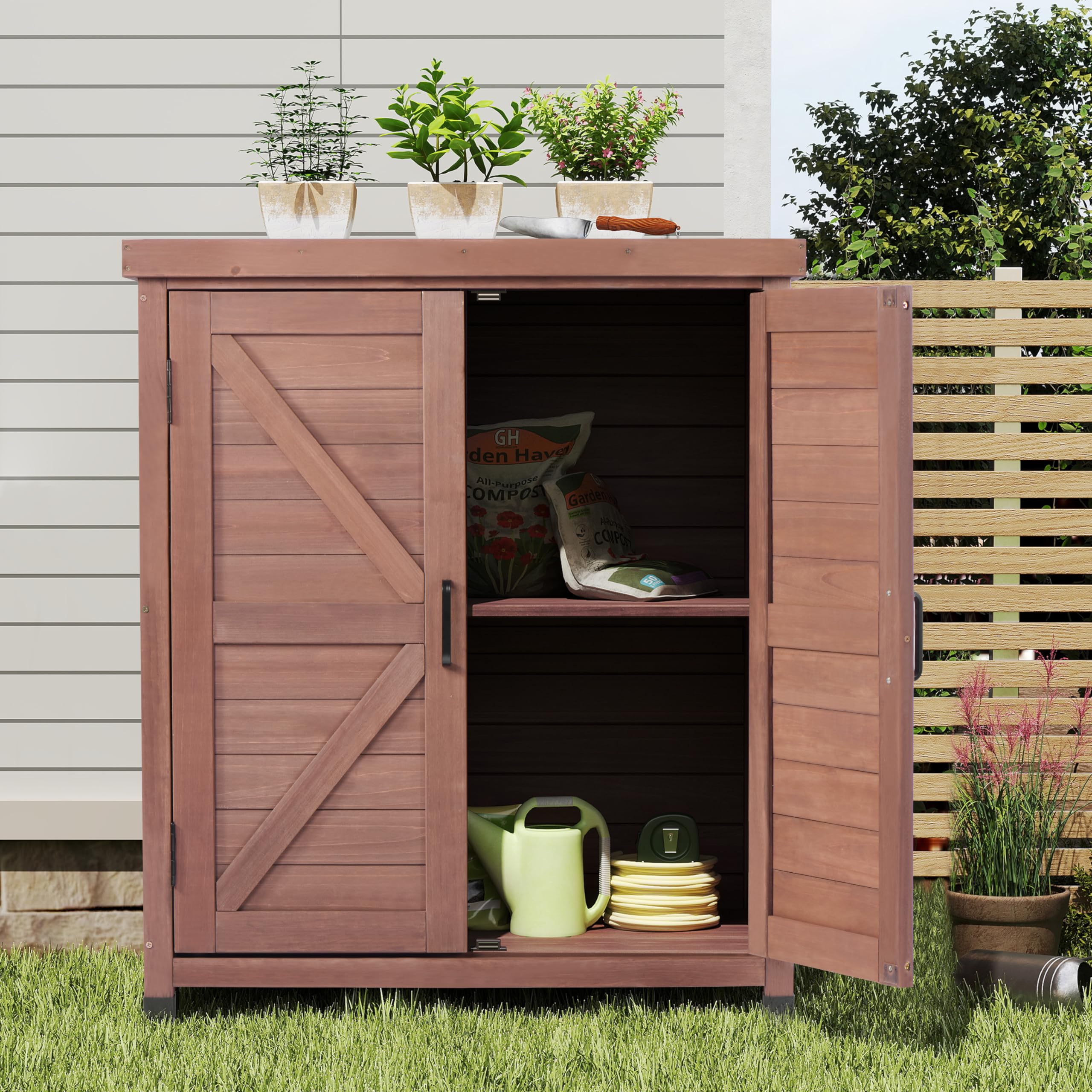 Outdoor Storage Cabinet & Potting Bench with Metal Top - 36x31x17in Wooden Garden Workstation for Patio, Backyard & Gardening - Royal Brown