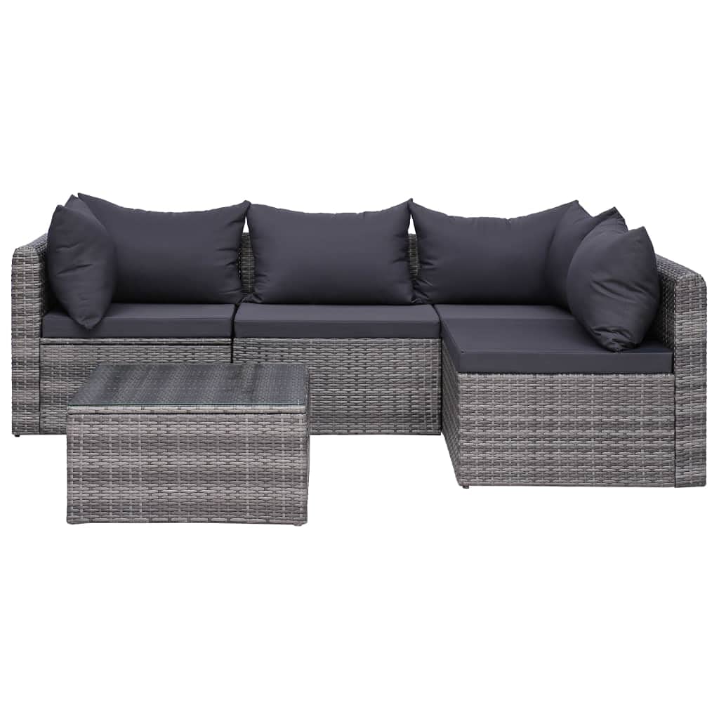 5-Piece Patio Sofa Set with Cushions & Pillows, Gray Poly Rattan Outdoor Furniture - Perfect for Garden, Backyard, and Poolside Relaxation
