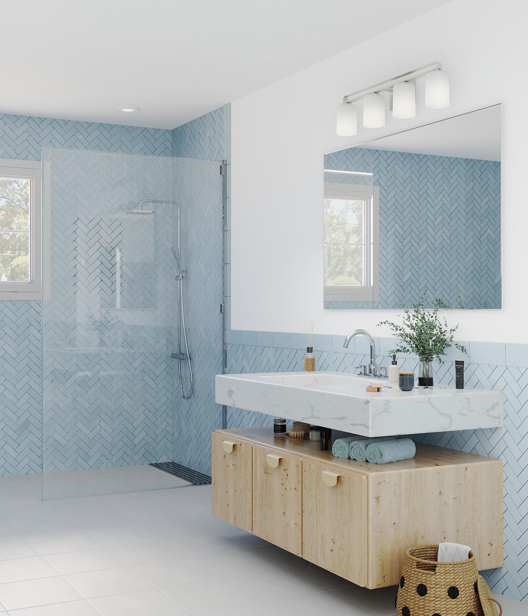 Progress Lighting League Collection 4-Light Modern Farmhouse Bathroom Vanity Light - Brushed Nickel Finish with Etched Glass Shades - Perfect for Bathroom, Powder Room, and Dressing Area Lighting