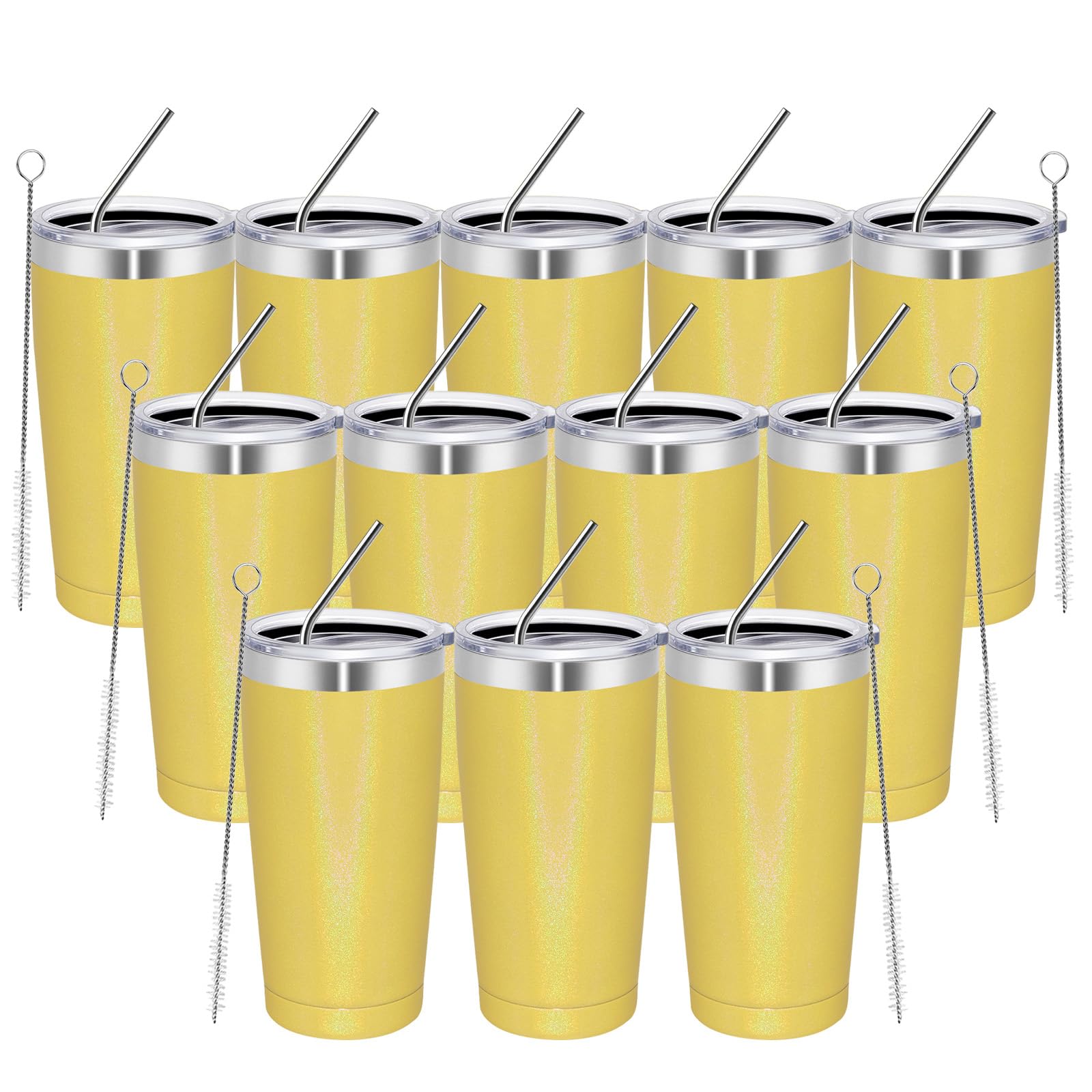 MEWAY 20oz Stainless Steel Tumbler 12 Pack - Double Wall Vacuum Insulated Glitter Travel Mug with Lid & Straw, Powder Coated Coffee Cup Set for Women (Rainbow Yellow, 12 Count) - Perfect for Office, Gym, Travel & Outdoor Activities