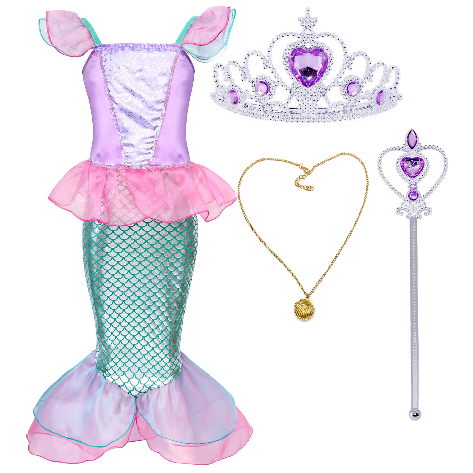 AmzBarley Little Girls Mermaid Costume Set - Princess Birthday Party Dress, Christmas Outfit with Accessories | Perfect for Dress Up, Halloween, Themed Parties & Photo Shoots