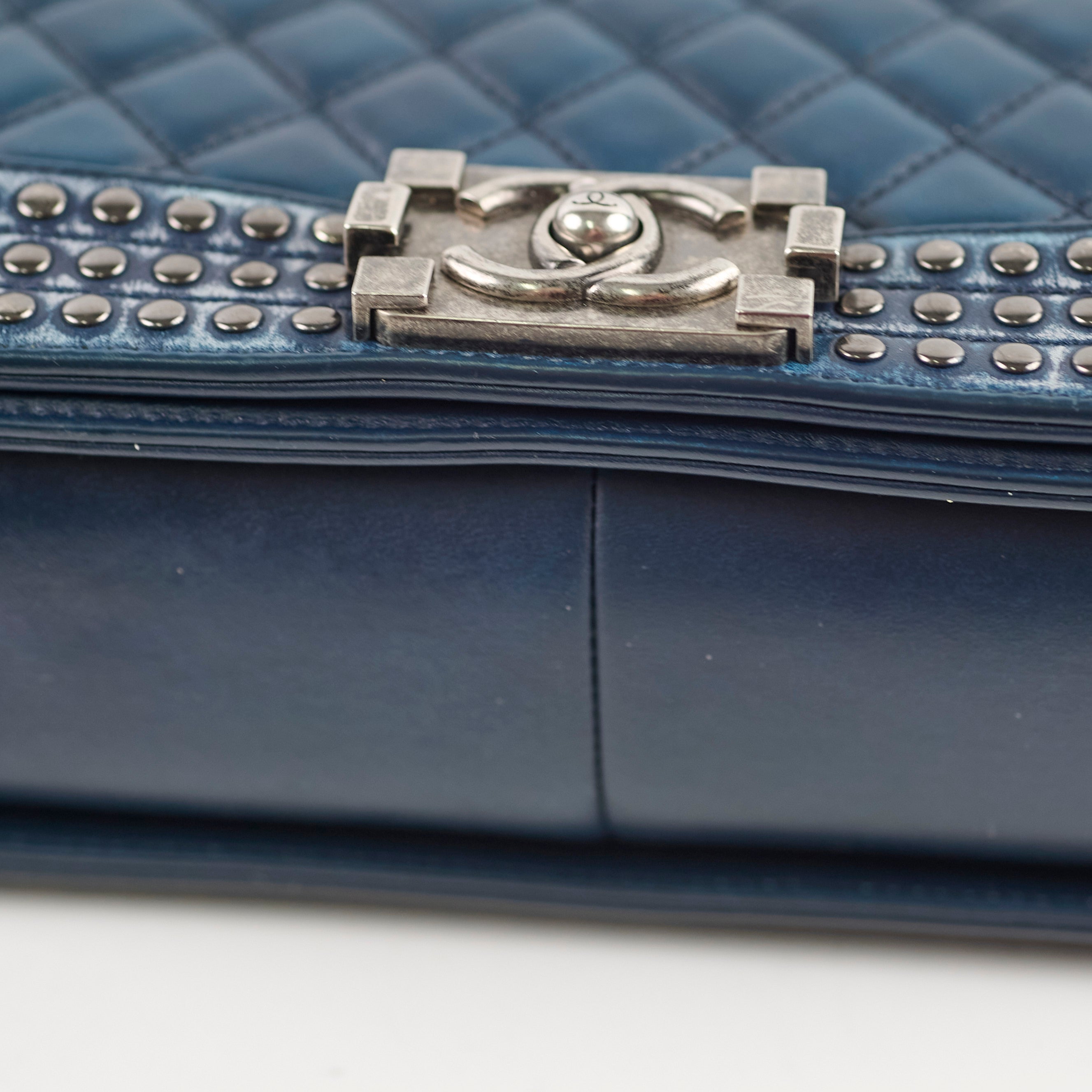 Chanel Old Medium Boy Bag in Navy with Studded Details - Luxury Crossbody Bag for Women, Perfect for Parties & Evening Events