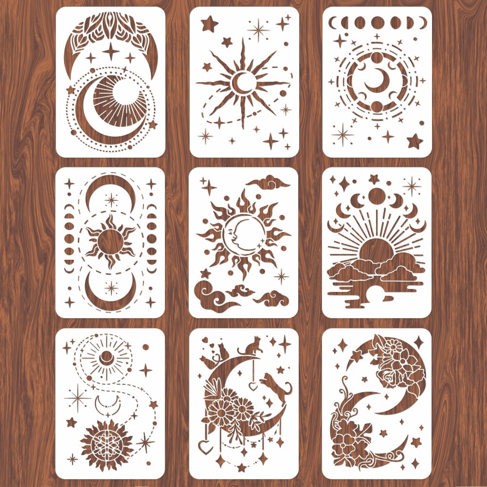 INFUNLY Reusable Moon, Sun & Star Wall Stencils - 12x8 Inch Large Painting Templates for Wood, Floors & Furniture (9-Piece Set) | Perfect for DIY Home Decor, Nursery Walls & Craft Projects