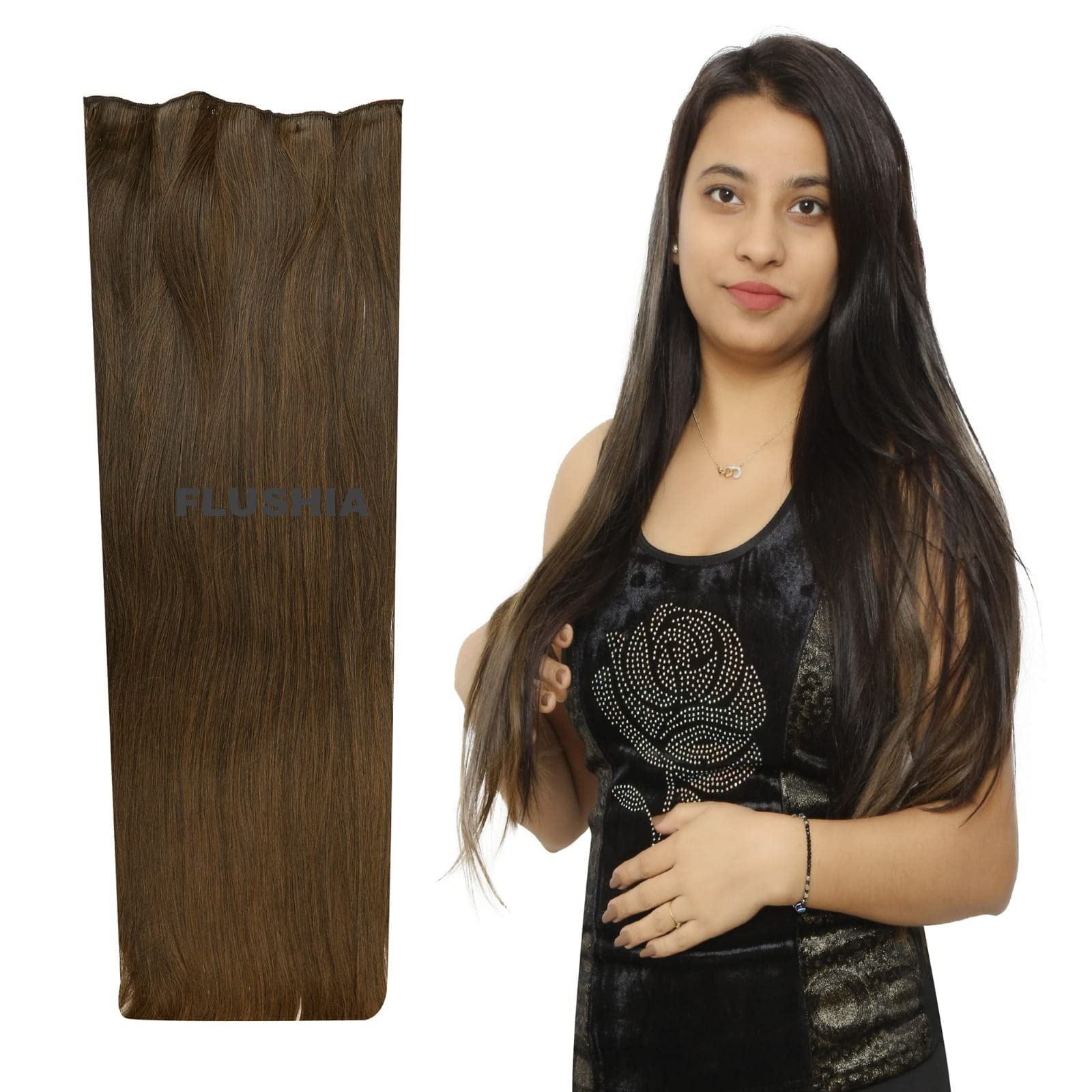 FLUSHIA 5 Clip-in Synthetic Hair Extensions for Women - Curly/Wavy Human-Like Hair Extensions in Golden-Brown (2T27) | Perfect for Daily Wear, Parties, Weddings & Cosplay