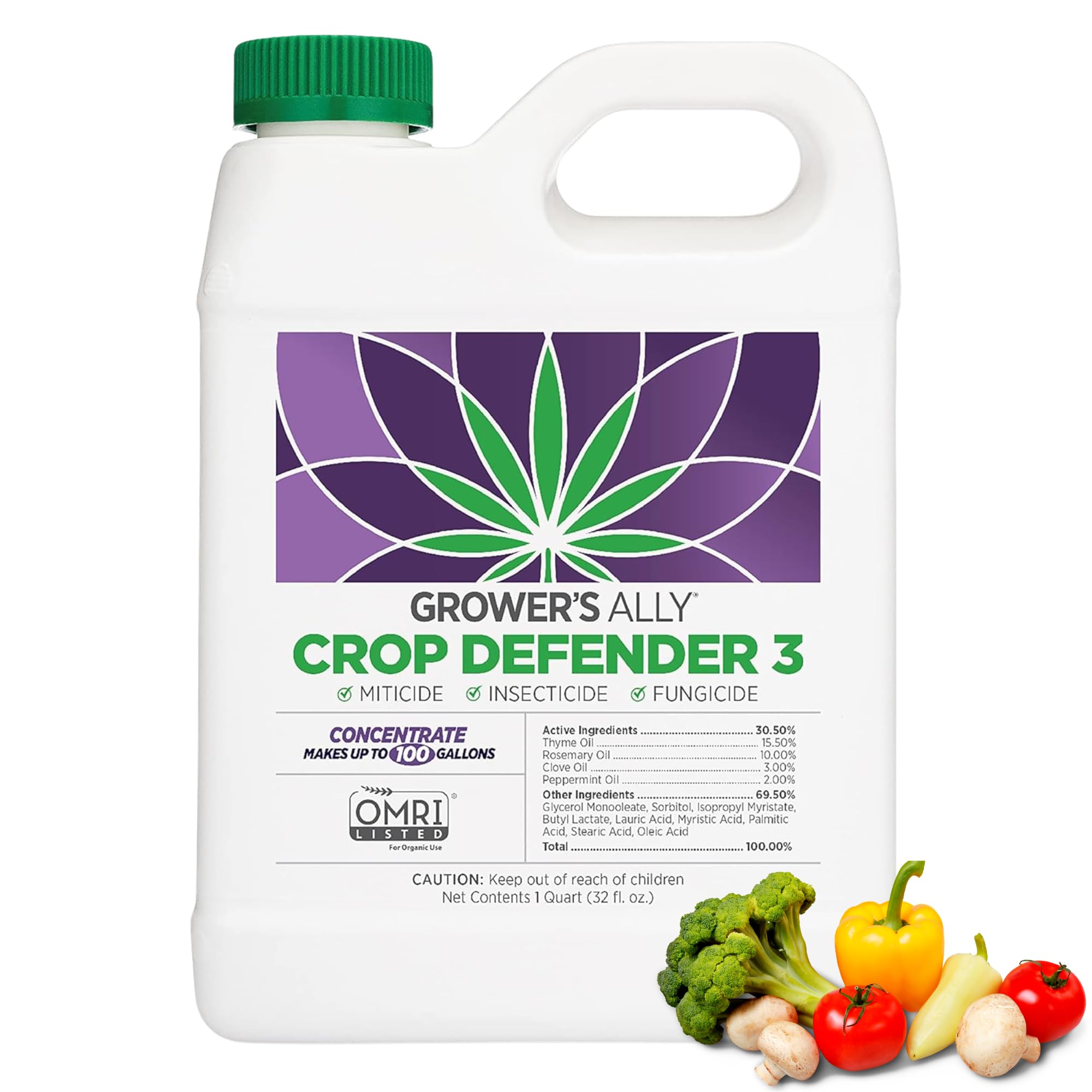 Grower's Ally Crop Defender 3 Concentrate 1 qt - Organic Insecticide & Fungicide for Plants | Kills Powdery Mildew, Spider Mites & Russet Mites | Safe Natural Plant Protection | Makes 100 Gallons | Ideal for Indoor/Outdoor Gardens, Greenhouses & Hydroponics