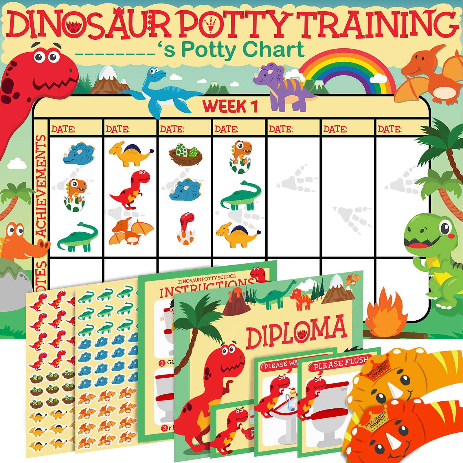 Dinosaur Potty Training Chart for Toddlers - 194 Stickers, 2 Crowns, Motivational Certificate & Erasable Pen | Reward System for Boys & Girls | Perfect for Daycare, Preschool & Home Use