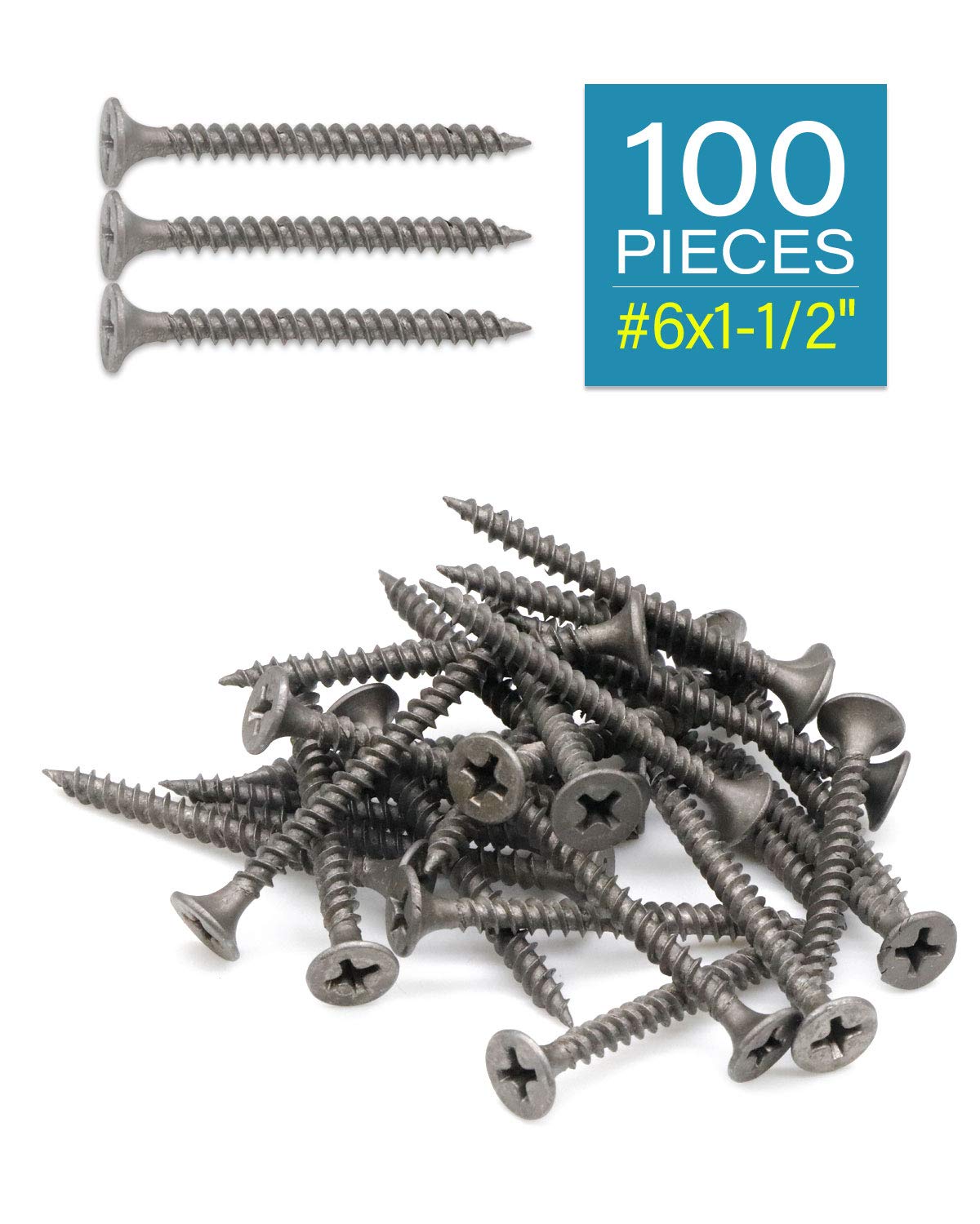 100PCS #6 x 1-1/2 Inch Flat Head Phillips Drywall Screws - Fine Thread, Gray Phosphate Coating - Self-Tapping for Metal, Sheetrock & Wood - Indoor & Outdoor Use - Perfect for Hanging Drywall, Installing Cabinets & DIY Home Projects