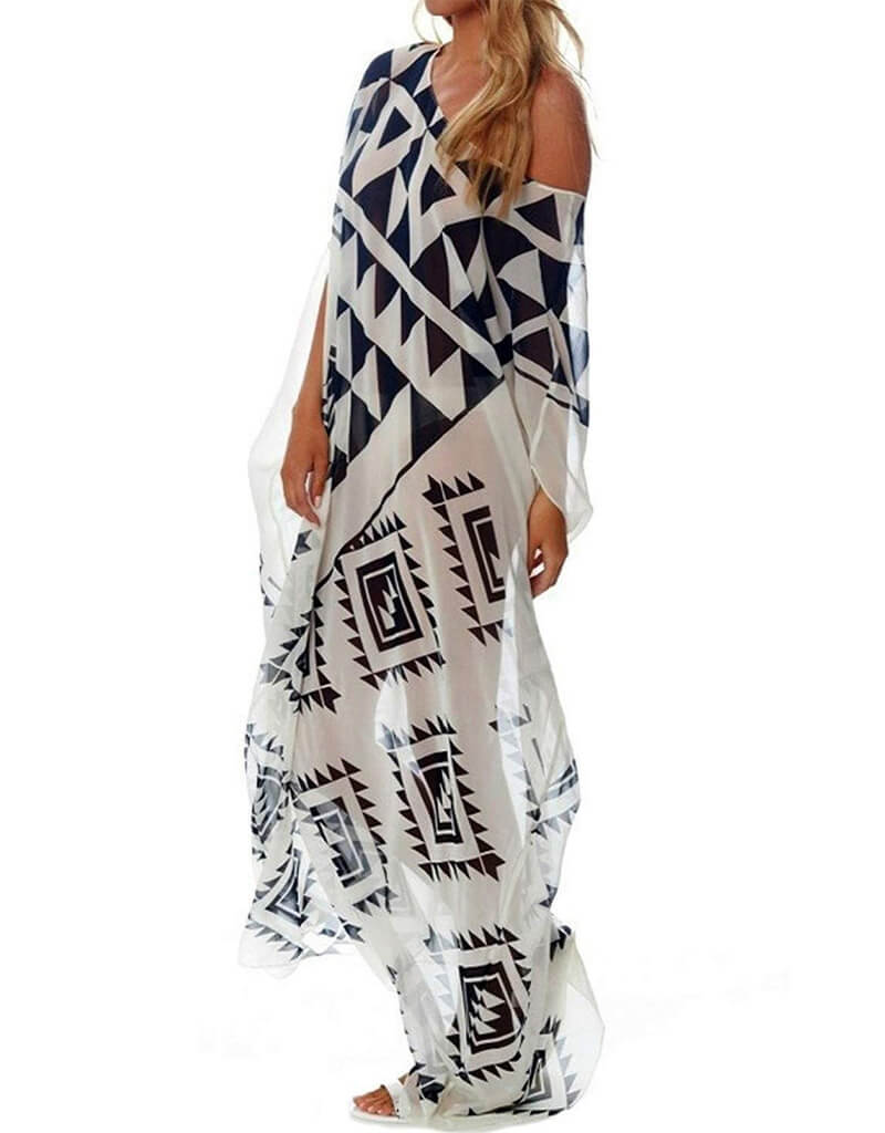 Elegant Black and White Georgette Kaftan Dress for Women - Boho Chic Beach Cover Up, Poolside Lounge & Summer Vacation Outfit