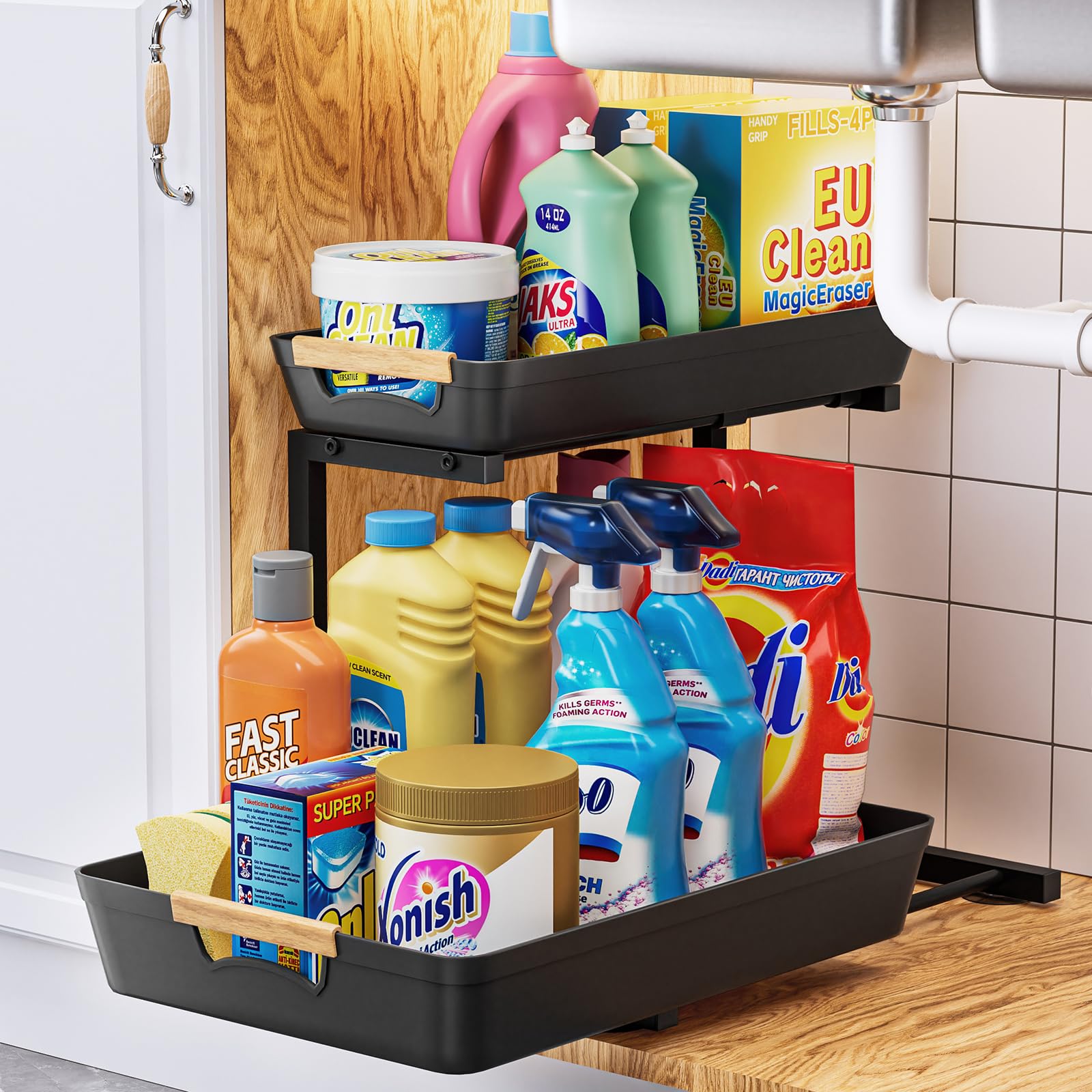 2-Tier Pull-Out Under Sink Organizer with Adjustable Height - Hollow Plastic Drawers for Kitchen & Bathroom Storage - Space Saving L-Shaped Cabinet Organizer (1 Pack, Black) - Perfect for Organizing Cleaning Supplies, Sponges & Toiletries Under Your Sink