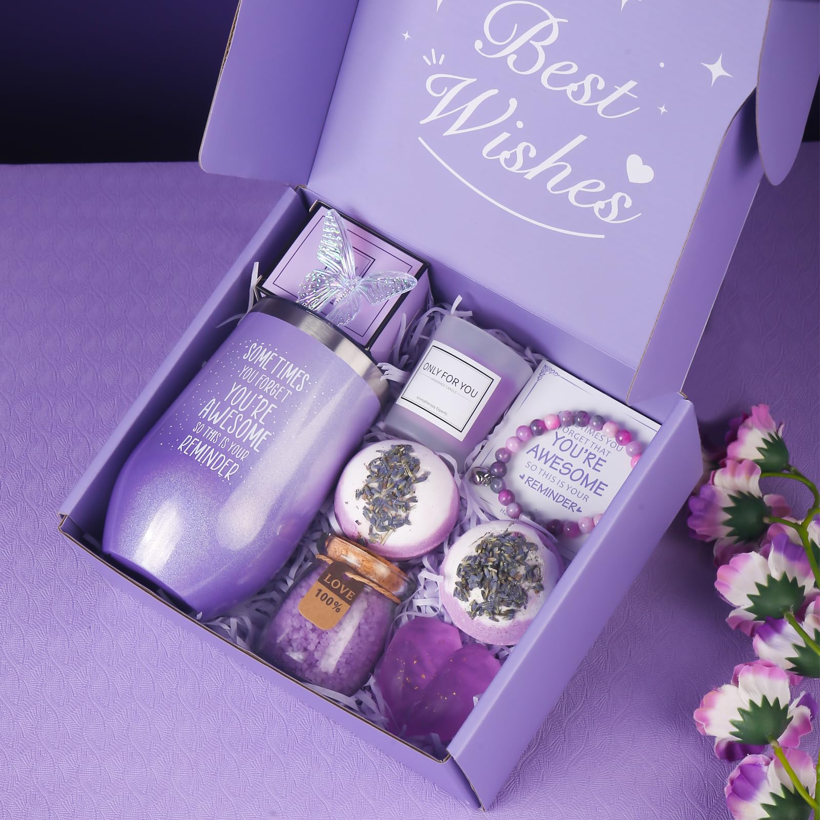 Relaxing Spa Gift Basket Set for Women - Perfect Birthday, Mother's Day & Christmas Present for Her, Mom, Sister, Wife, Girlfriend or Coworker | Purple Bath & Body Luxury Gift Box for Stress Relief & Self-Care at Home