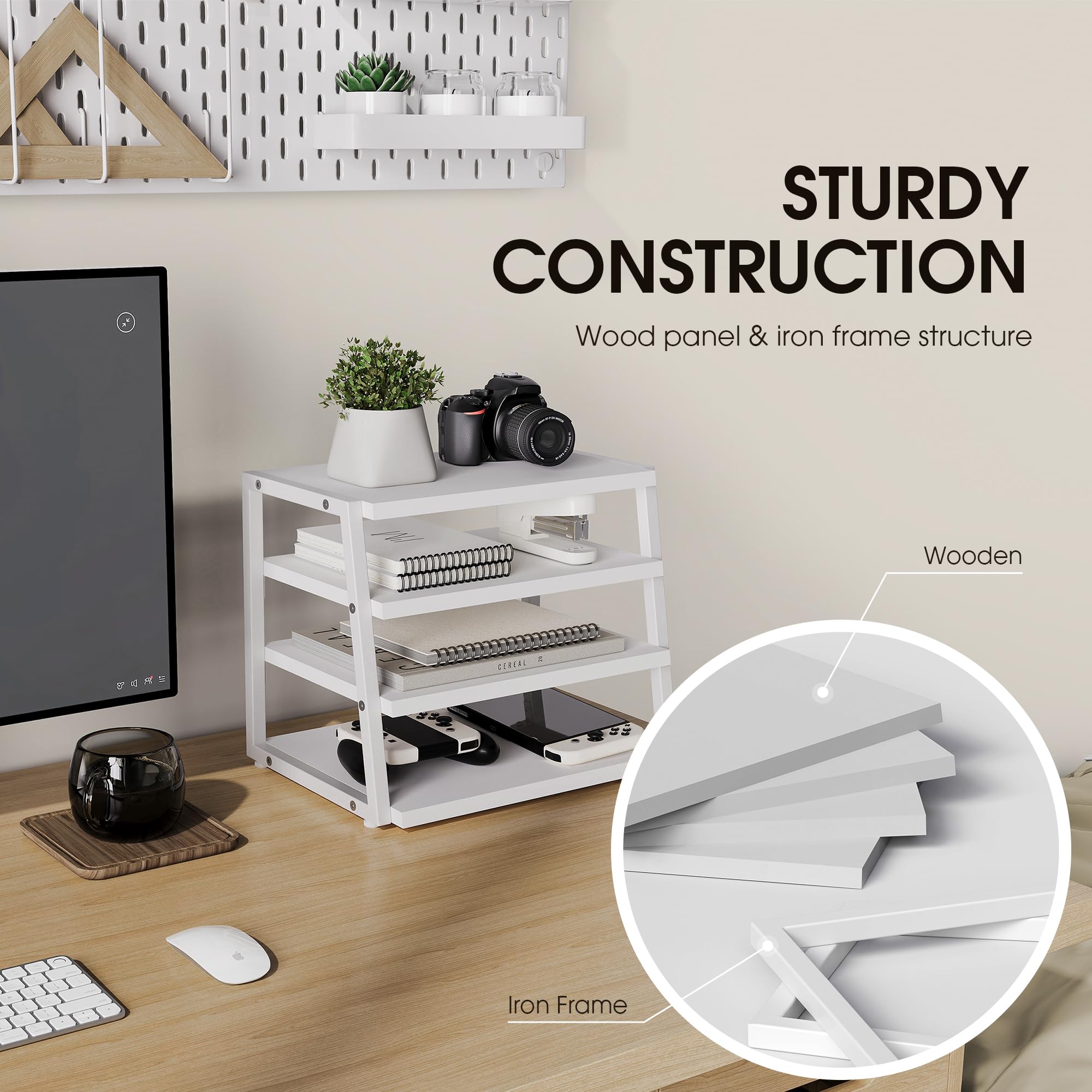 4 Tier Wood and Metal Desk Shelf Organizer - Corner File Holder for Office Supplies, Top of Desk Storage Accessories - Perfect for Home Office, Study, and Workspace Organization
