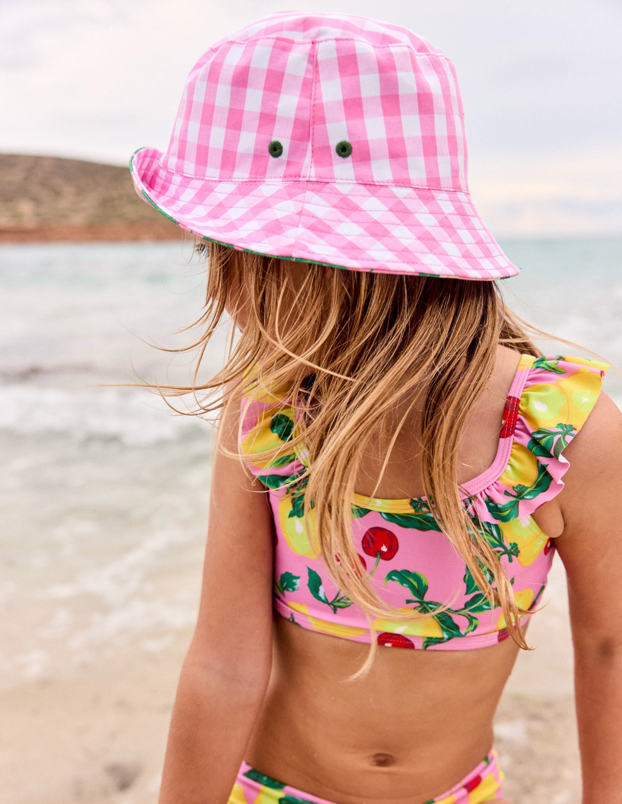 Pink Strawberry Gingham Bucket Hat for Women - Summer Beach Sun Hat with UPF Protection - Cute Casual Outdoor Hat for Travel, Picnic, and Festival