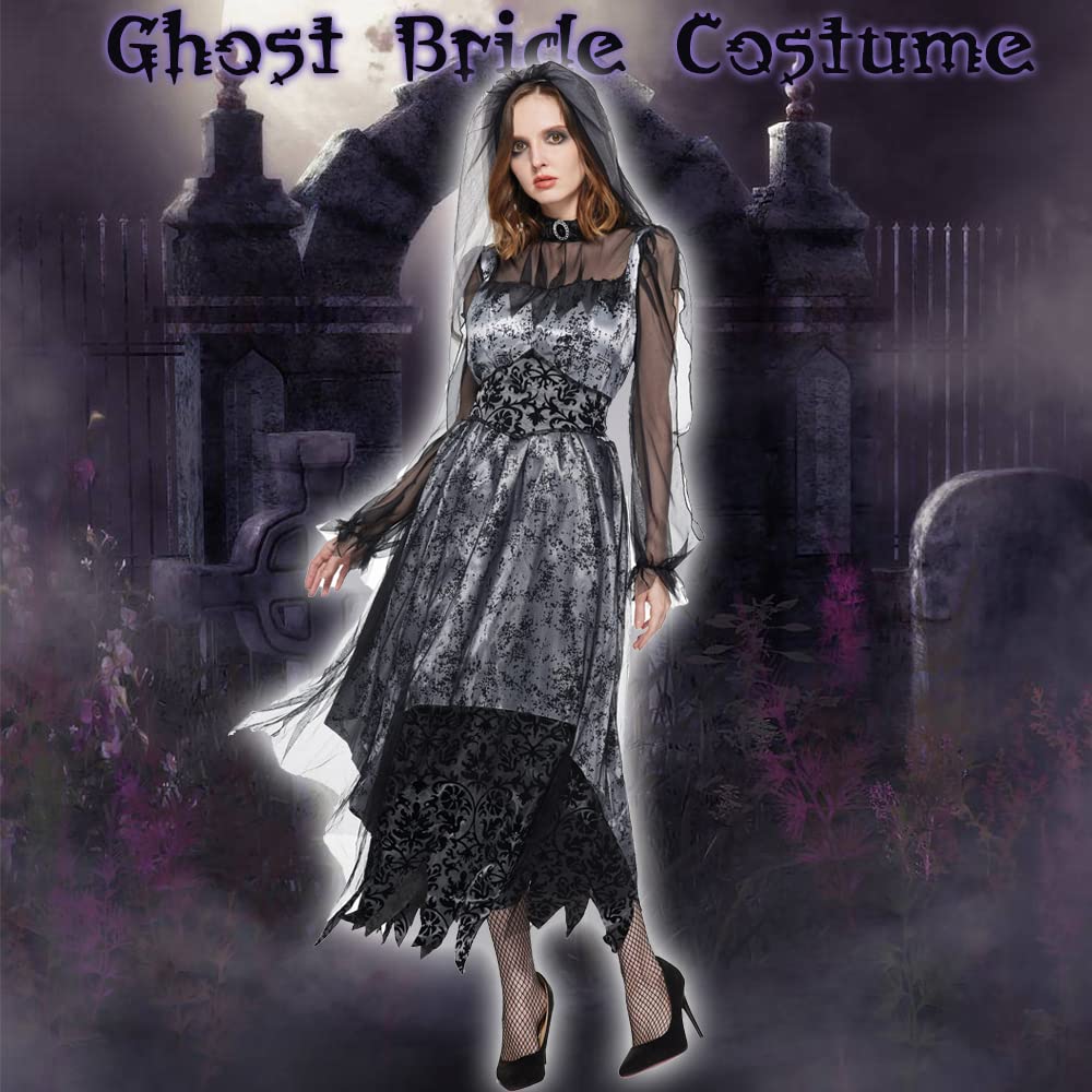ReneeCho Ghost Bride Costume - Gothic Victorian Wedding Dress for Women, Black Halloween Costume Adult Size - Perfect for Halloween Parties, Cosplay Events & Gothic Themed Weddings