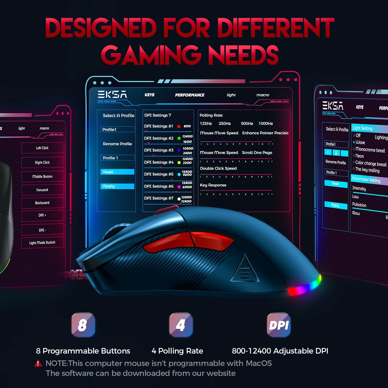 EKSA 16000 DPI Wired Gaming Mouse with Optical Sensor, 8 Programmable Buttons & RGB Lighting - Lightweight FPS/MOBA Mouse for PC & Mac - Perfect for Esports, Streaming & Competitive Gaming