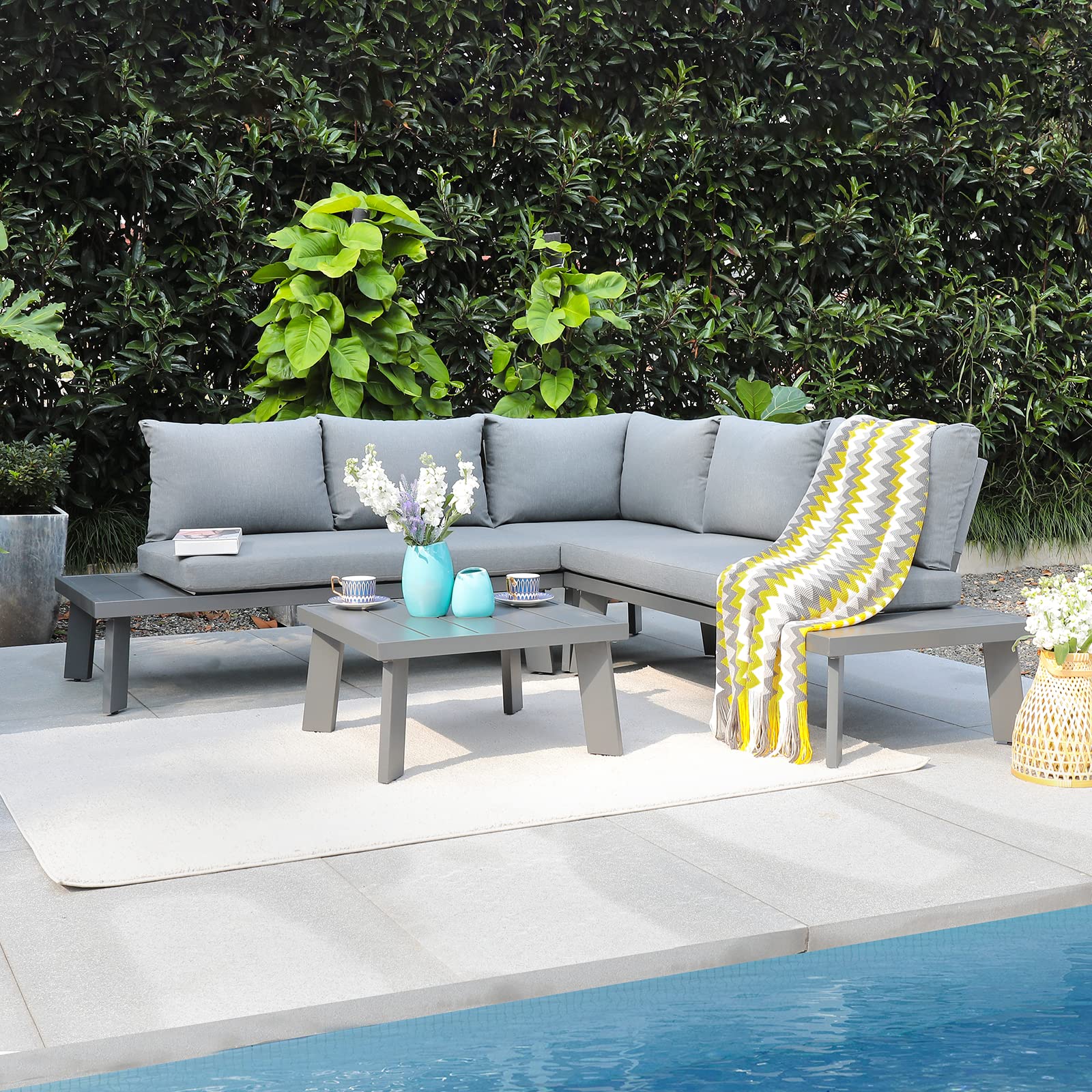 Soleil Jardin 4-Piece Outdoor Patio Furniture Set - L-Shaped Aluminum Sectional Sofa with Coffee Table, All-Weather Wicker Conversation Set with Cushions (Dark Grey) for Backyard, Garden, Poolside & Patio Relaxation