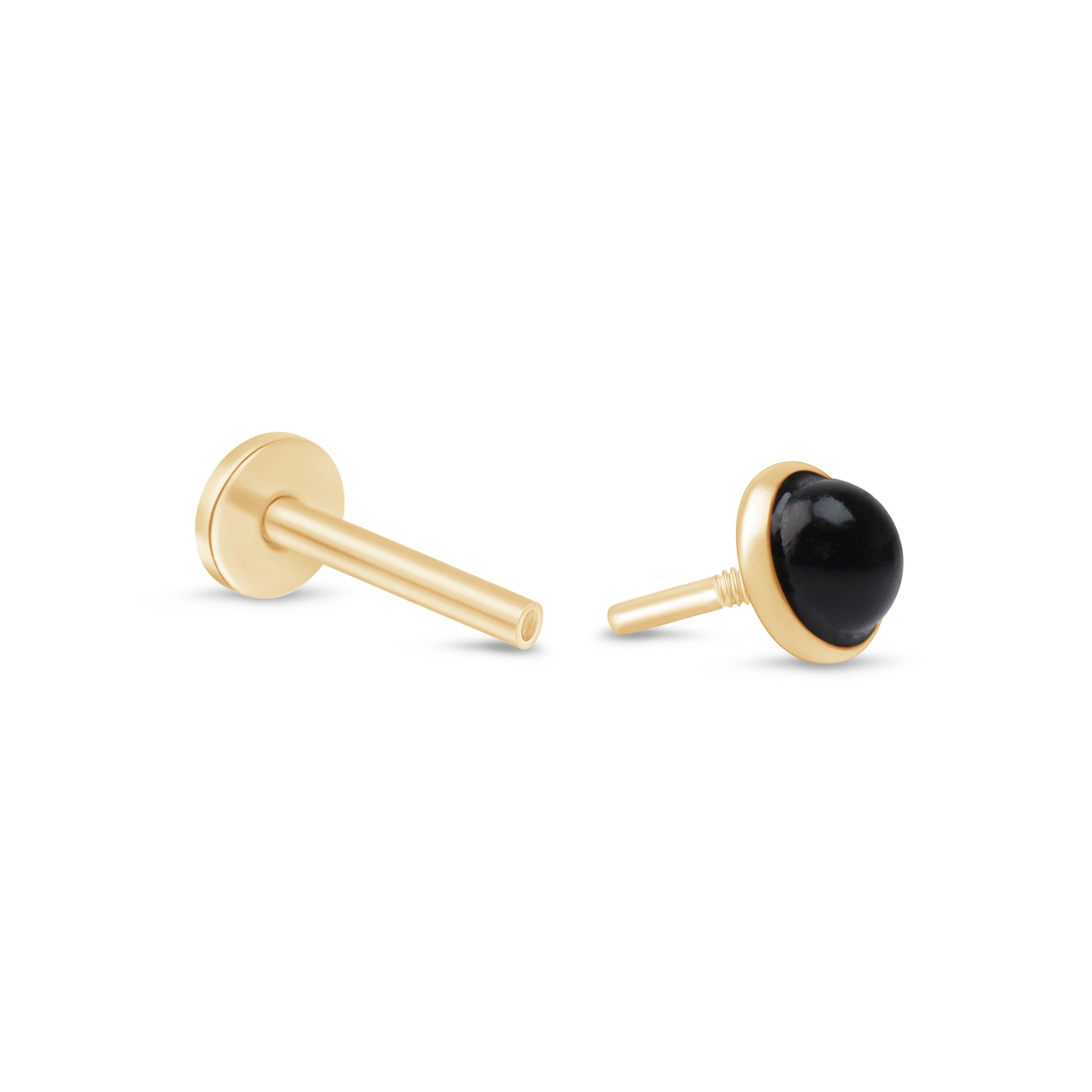 14K Yellow Gold Round Cabochon Black Onyx Stud Earrings - Flat Back Bezel Set for Everyday Wear, Gift Giving & Special Occasions