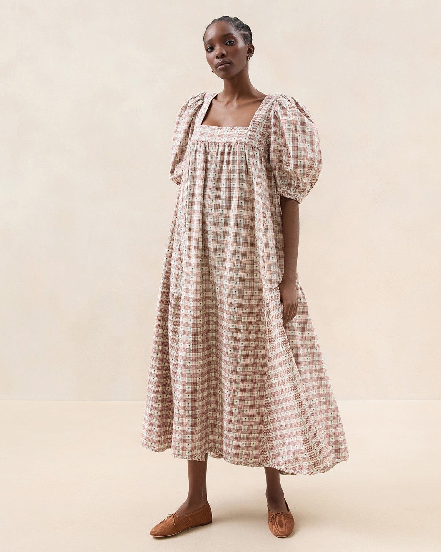 Jessa Brown Tulip Gingham Dress for Women - Floral Print Summer Dress with Puff Sleeves - Perfect for Garden Parties, Brunch Dates & Vacation Outfits