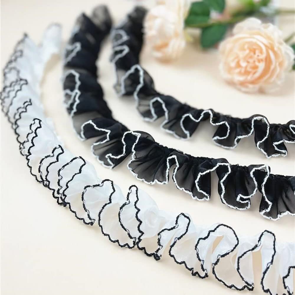 Black and White Ruffled Pleated Lace Fabric - 3 Yards Chiffon Trim for Dress Decoration, Tulle Applique, DIY Sewing & Craft Projects - Perfect for Wedding Dresses, Costumes, and Home Decor
