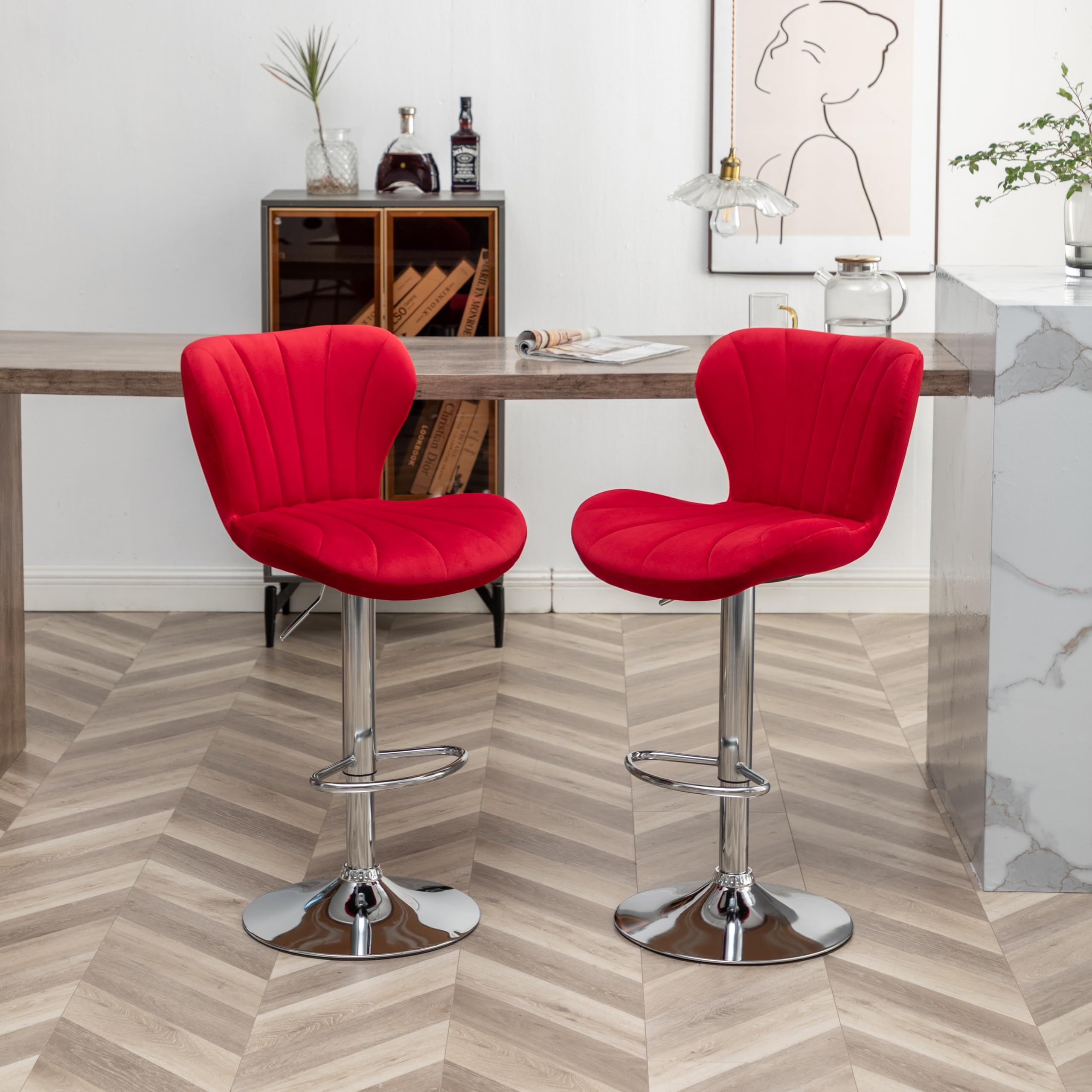Roundhill Furniture Ellston Velvet Adjustable Swivel Bar Stools - Set of 2, Red Velvet Upholstered Counter Height Stools with Footrest - Perfect for Kitchen Island, Home Bar & Breakfast Nook