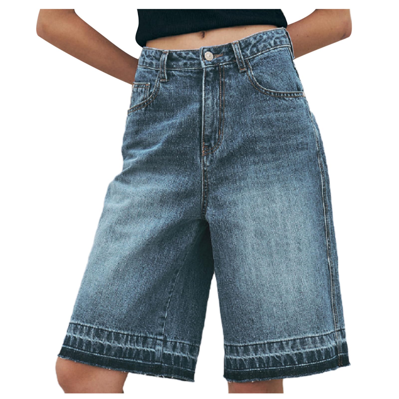 Y2K Women's Low Rise Baggy Denim Shorts | Distressed Frayed Bermuda Jean Shorts | Wide Leg Midi Shorts for Summer | Streetwear Fashion | Perfect for Casual Outings, Beach Trips & Music Festivals