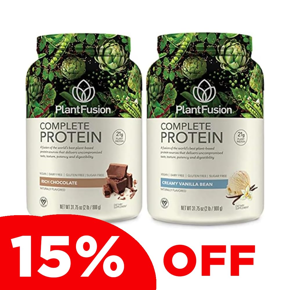 PlantFusion Complete Plant-Based Pea Protein Powder Bundle - Non-GMO, Vegan, Dairy-Free, Gluten-Free, Soy-Free, Allergy-Friendly with Digestive Enzymes - Vanilla Bean & Chocolate Flavors (2lb) | Perfect for Post-Workout Recovery, Smoothies & Healthy Meal Replacement
