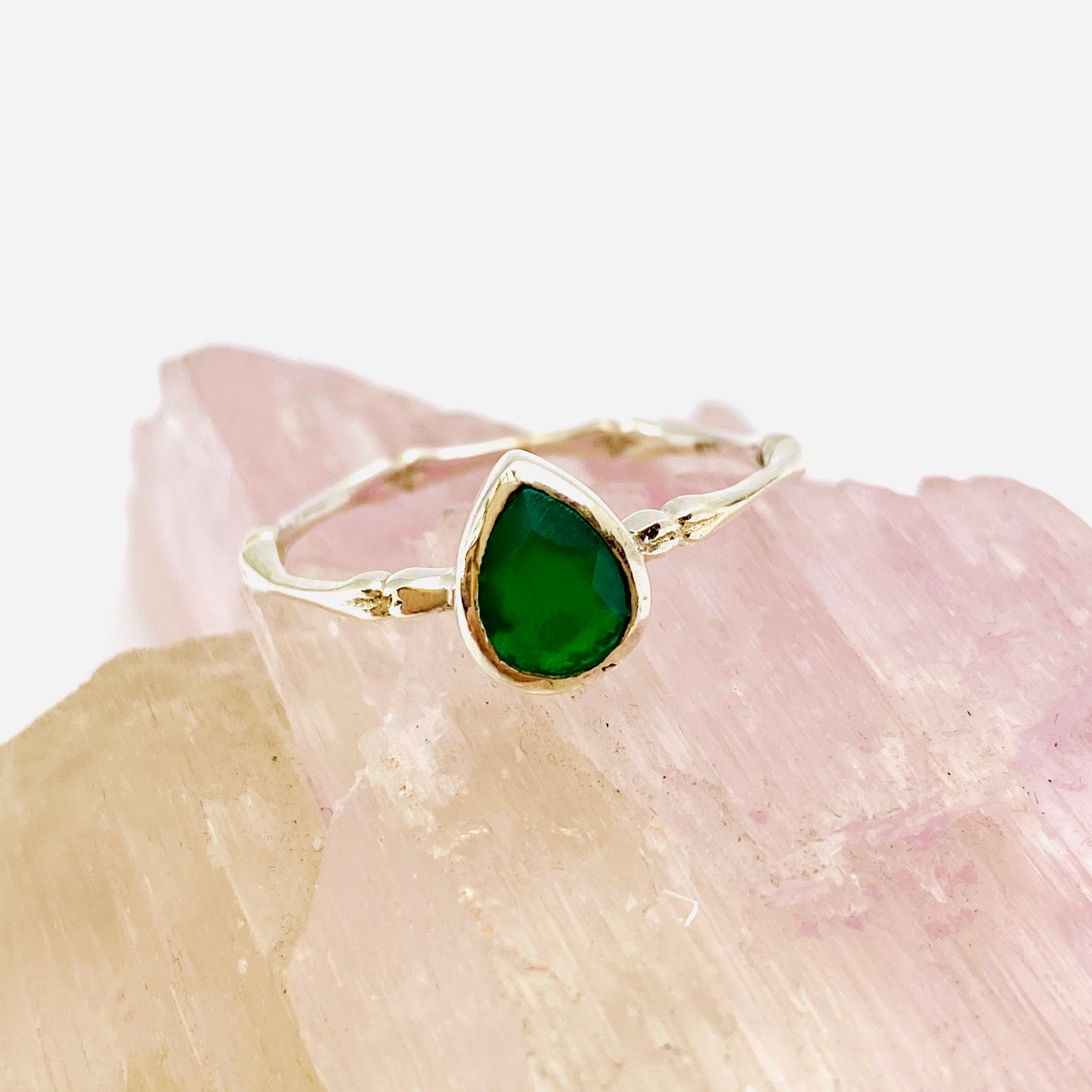 Green Chalcedony Faceted Teardrop Fine Band Ring R3691 GR - Elegant Jewelry for Women, Wedding, Party & Special Occasions
