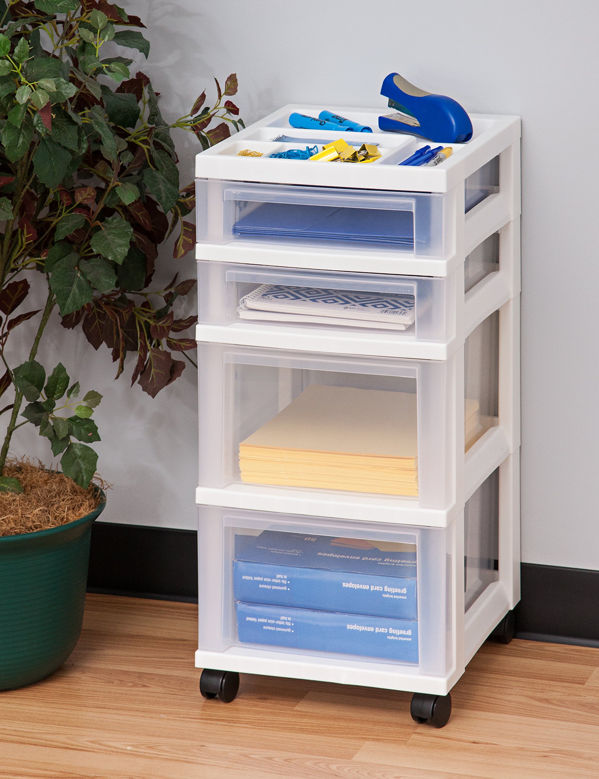 IRIS USA 4-Drawer Plastic Storage Organizer Rolling Cart with Wheels - White/Clear | Perfect for Classroom, Craft Supplies, Bathroom, Dorm & Laundry Room Organization