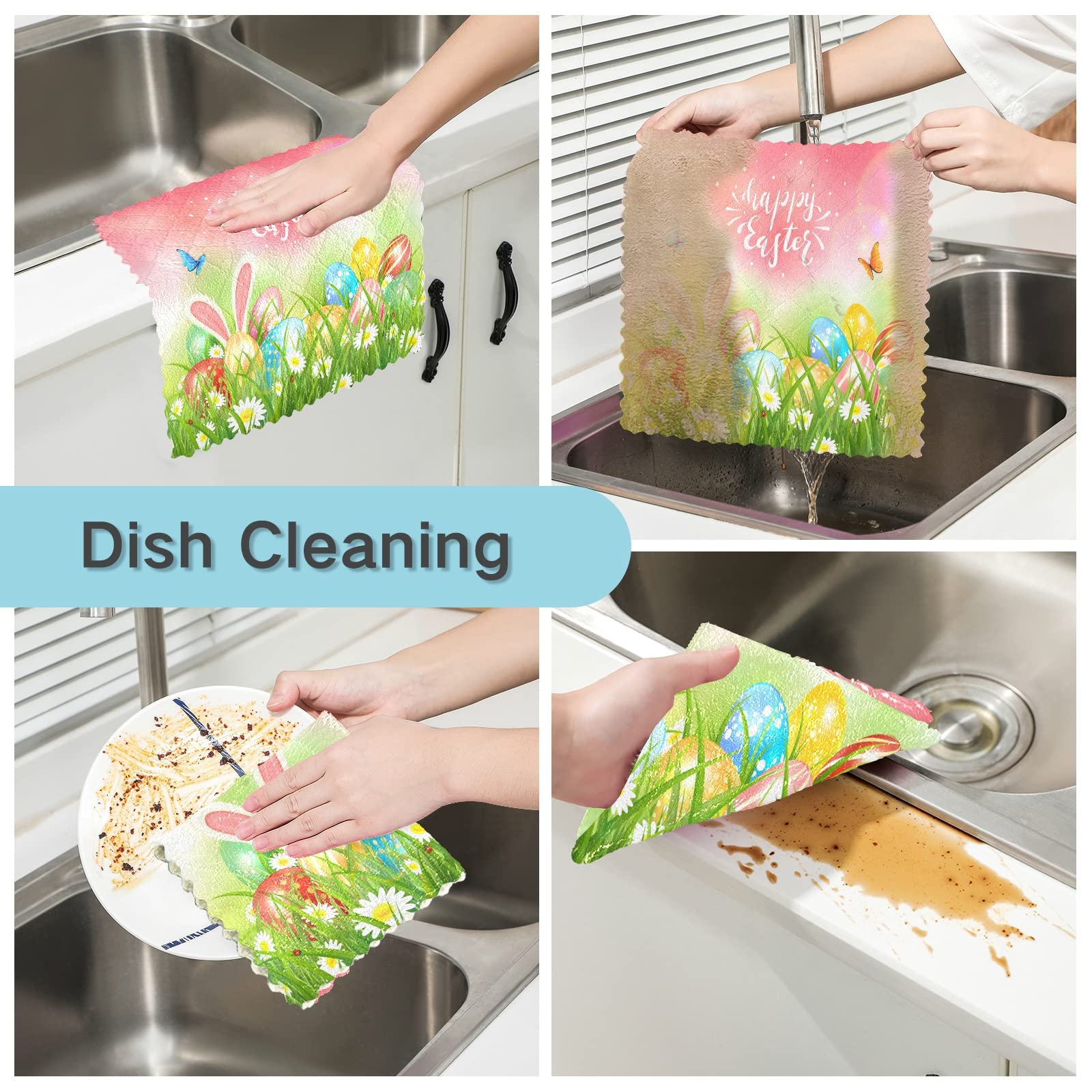 Premium Absorbent Dish Towels Set of 6 - 11x11 Inch Lint-Free Kitchen Cleaning Cloths with Easter Eggs, Butterflies & Spring Flowers Design - Soft Bar Mop Tea Towels for Dishes, Countertops & Kitchen Decor