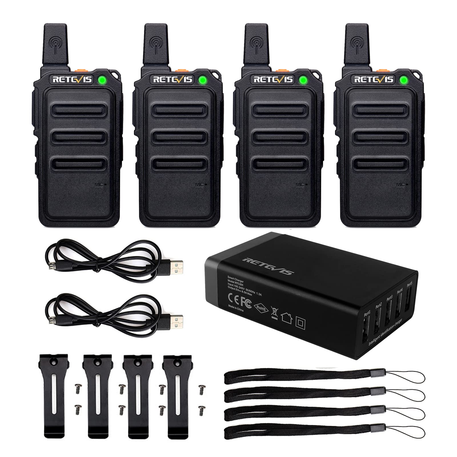 Retevis RT19 Rechargeable Walkie-Talkies - 2 Way Radios with 5-Port USB Charger, 1300mAh Battery & Metal Clip - Long Range Handheld Radios for Warehouse, Clinic, Event, Daycare (4 Pack) - Perfect for Business Communication & Outdoor Activities