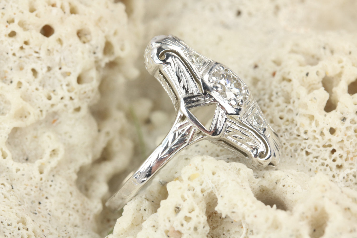 1/2 Carat Art Deco EMC Diamond Navette Ring in 14K Gold - Vintage Inspired Cocktail Ring for Weddings & Special Occasions