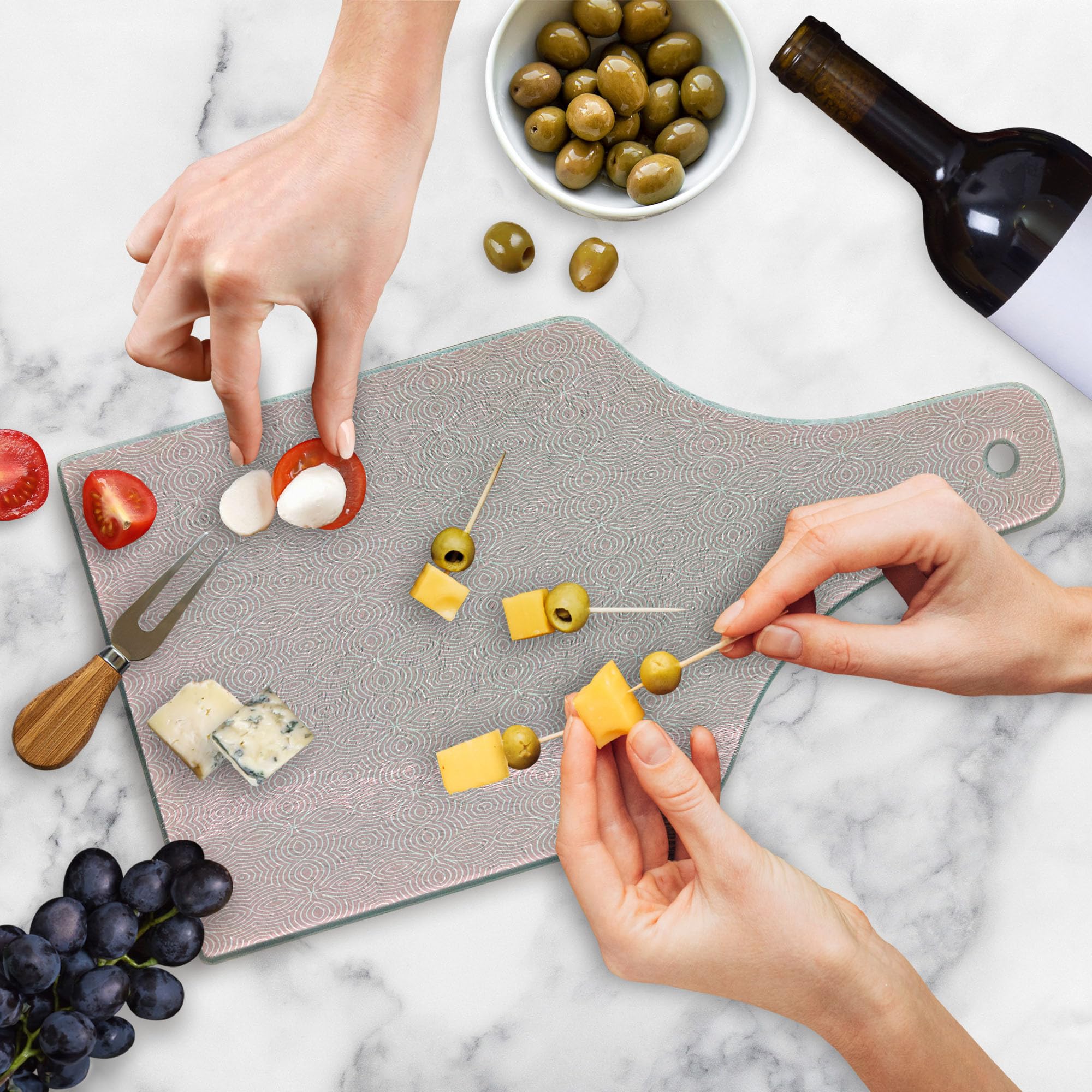 Ambesonne Celtic Tempered Glass Cutting Board - Vibrant Old Style Tied Celtic Lines Clover Design, Decorative Serving Board for Kitchen & Dining, Wine Bottle Shape in Pink & White - Perfect for Cheese Platters, Charcuterie & Wine Pairing