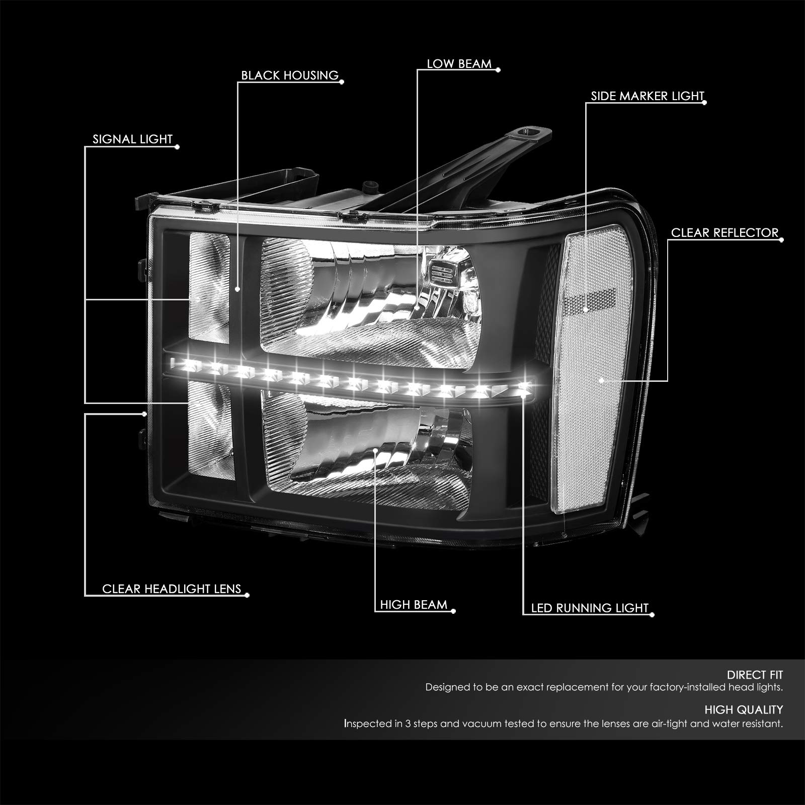 DNA MOTORING HL-LED-SIE07-BK-CL1 Black LED Headlight with DRL - Replacement for 2007-2014 GMC Sierra 1500/2500/3500 - High Brightness & Energy Efficient - Perfect for Night Driving & Off-Road Adventures