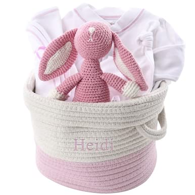 Personalized Pink Organic Baby Gift Basket for Girls - Custom Name Embroidery - Perfect for Newborn Showers, Birthdays & Special Occasions