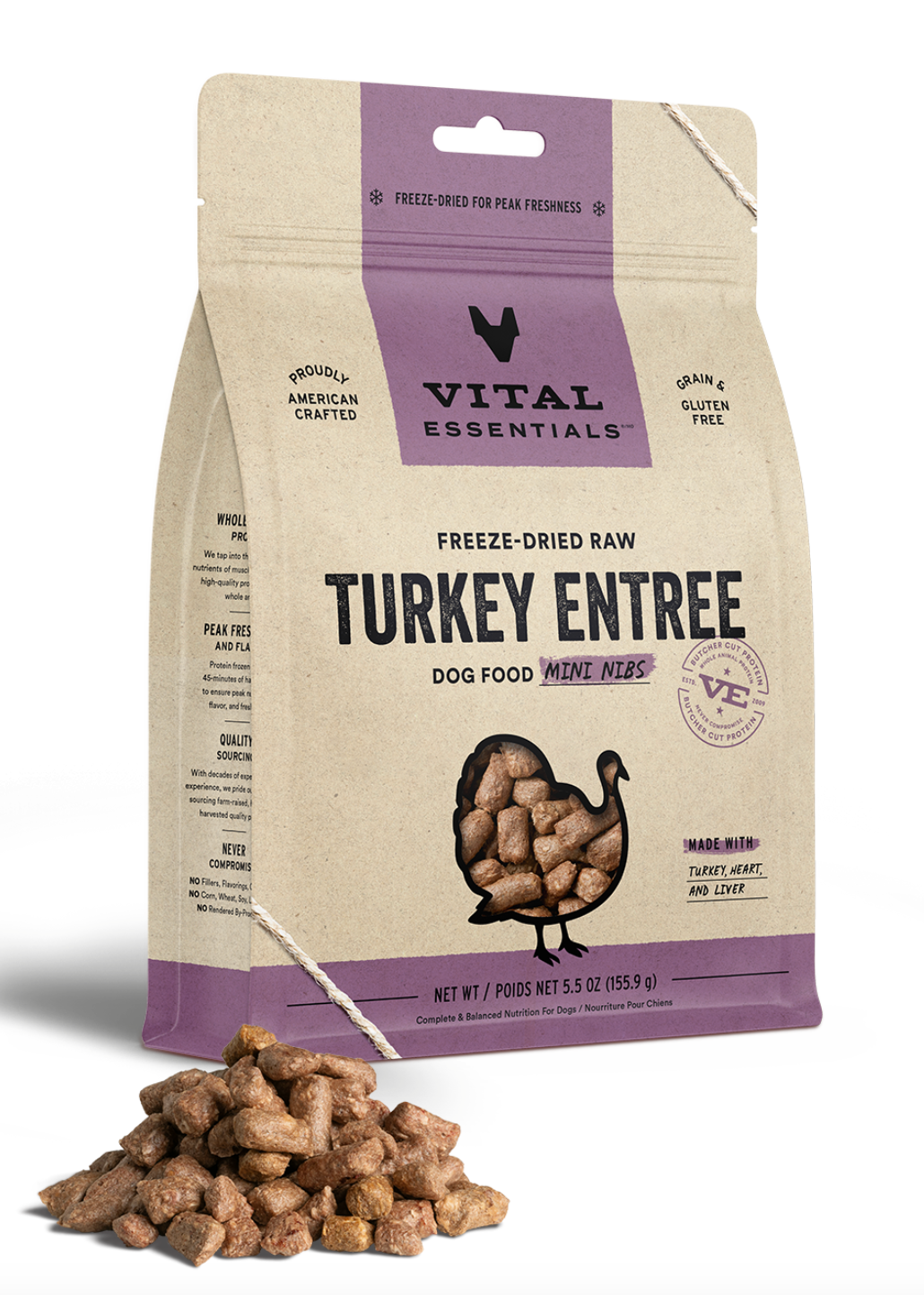 Vital Essentials Freeze-Dried Raw Turkey Mini Nibs Grain-Free Dog Food - High Protein Natural Treats for Small & Medium Dogs, Perfect for Training & Snacking