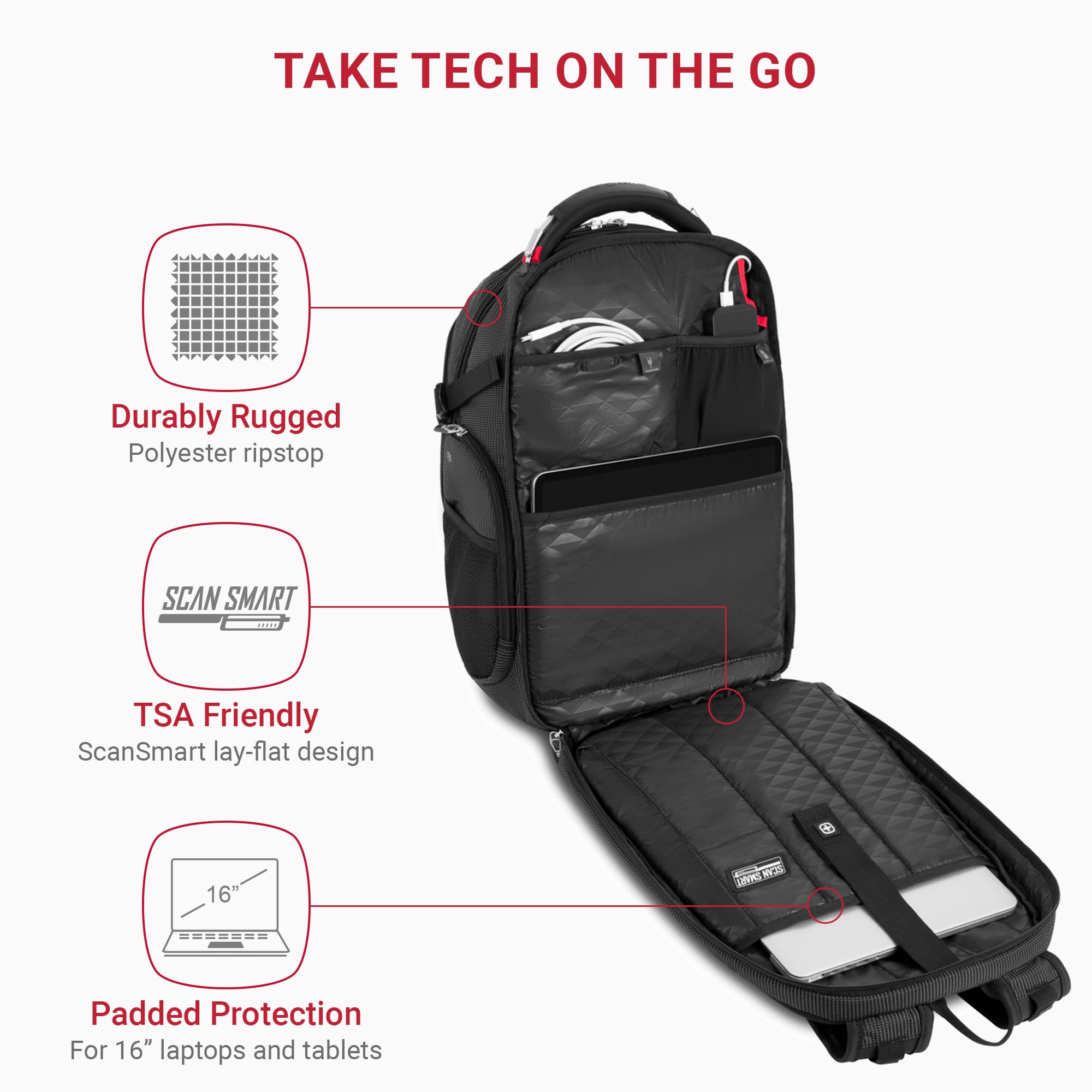 SwissGear Travel Tech Elite Large Laptop Backpack with USB Charging Port - Perfect for Business Travel, College & Commuting - Durable Black Dot Design (17 Inch)