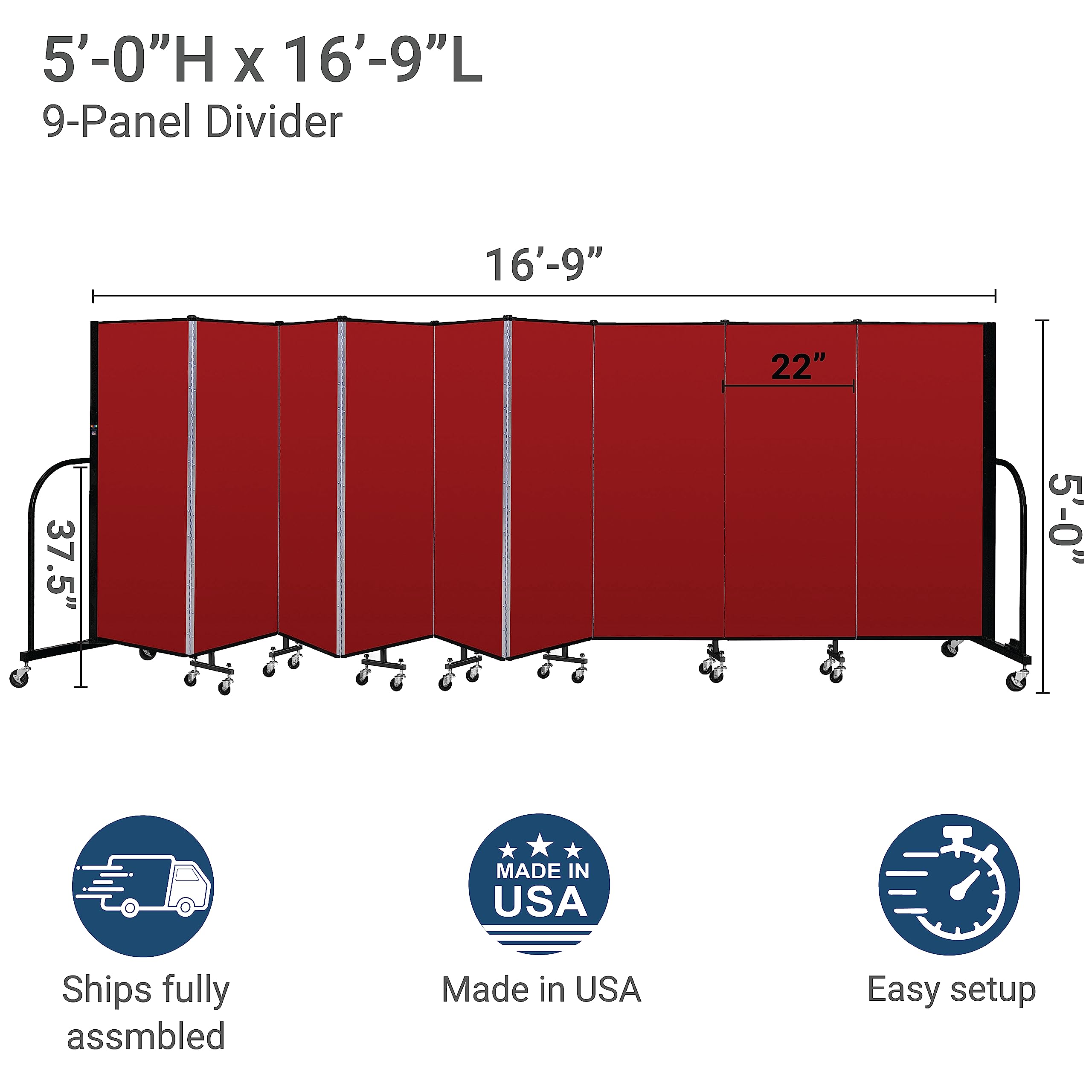CFSL509-DB 9-Panel Commercial Portable Room Divider - Soundproof Privacy Screen for Offices, Classrooms & Events - Heavy Duty Folding Partition Wall with Wheels