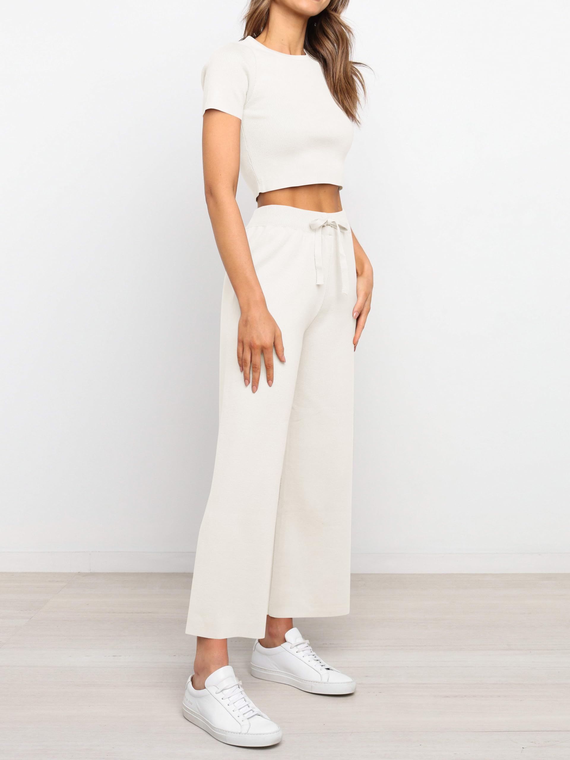 Fisoew Women's 2 Piece Outfit Set - Soft Knit Short Sleeve Crop Top & High Waisted Lounge Pants | Casual Loungewear, Streetwear & Home Comfort Outfits for Women