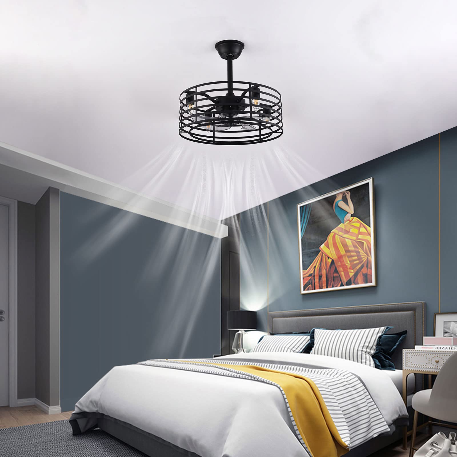 20 Inch Black Industrial Caged Ceiling Fan with Light and Remote Control - 3 Speed Adjustable Bladeless Design for Kitchen, Bedroom, Living Room & Farmhouse - E12 Base (Bulbs Not Included) - Perfect for Modern Homes and Rustic Decor